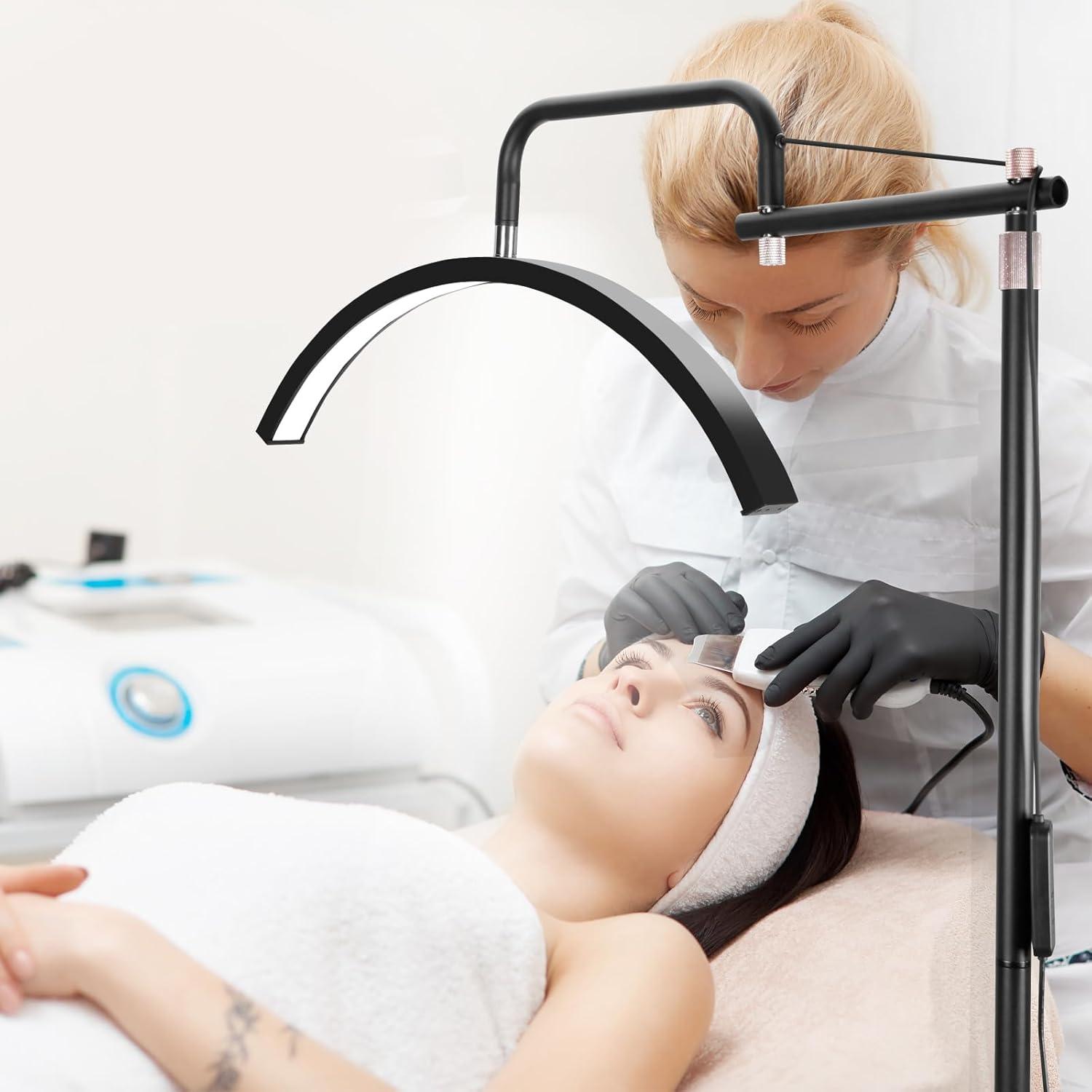 Lash Lamp - Esthetician Light for Eyelash Tech,Tattoo Artists, Nail Tech, Led Half Moon Light for Lashes Extensions, Warm/Cool Floor Piano Lamp with Phone Holder, Adjustable Brightness & Height