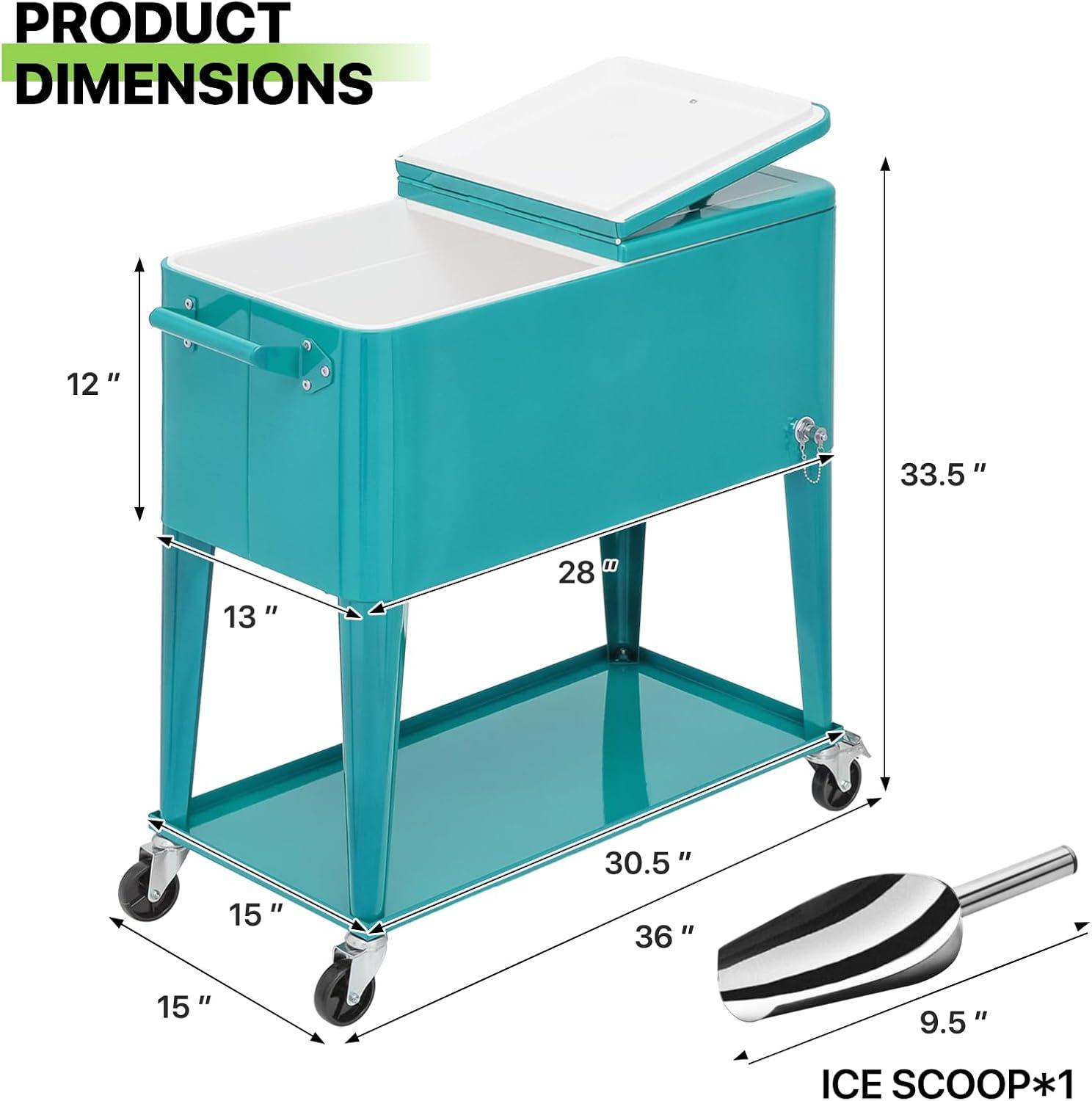 Bring Home Furniture Outdoor 80 Qt Rolling Cooler Cart, with Bottle Opener + Storage Shelf Camping Beverage Ice Chest