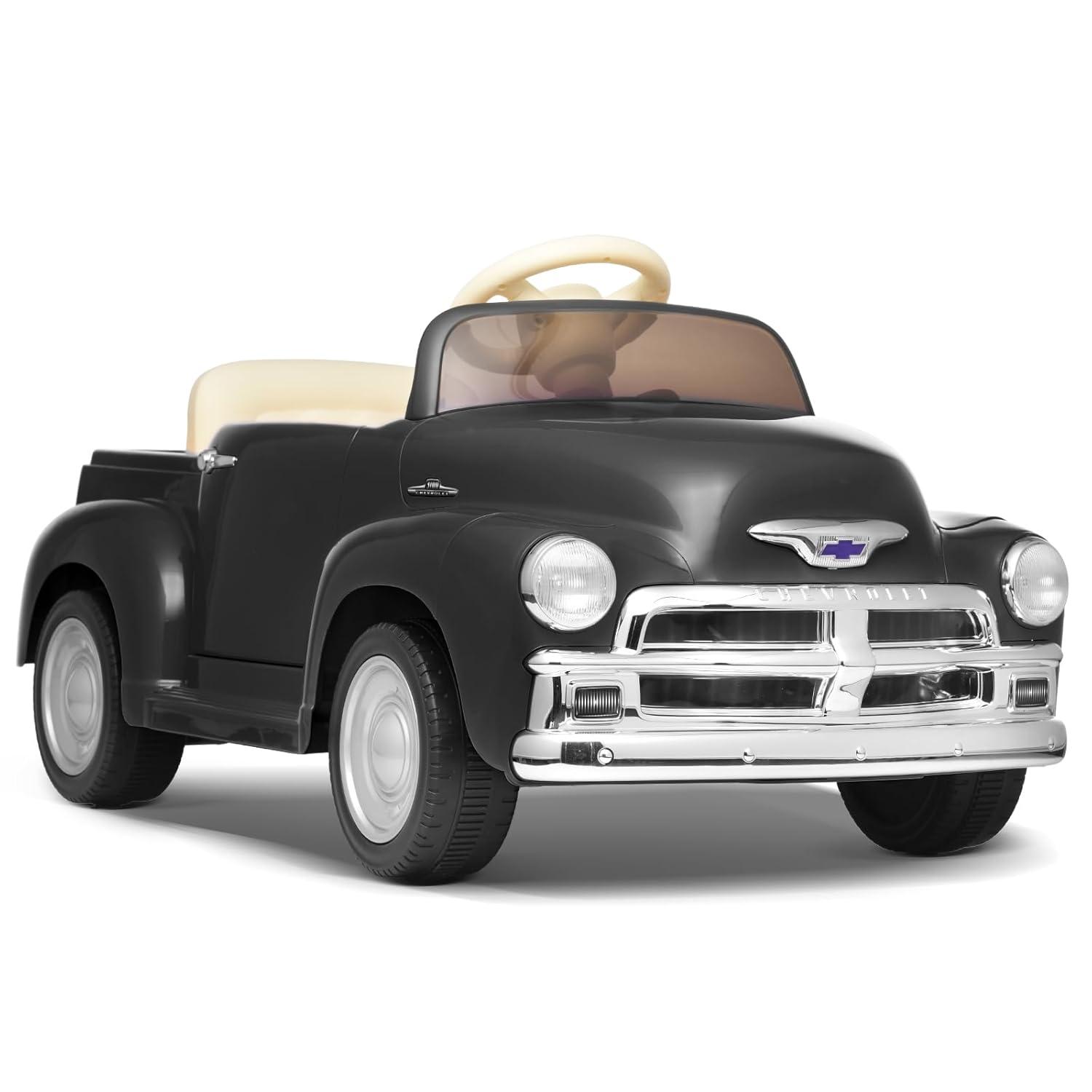 Joywhale 12V Kids Ride on Car Licensed Chevrolet 3100 Pickup Battery Powered Motorized Electric Car, with 7AH Big Battery, 2.4G Remote Control, 3-Speeds, Storage Space, Music, Retro Style, Black