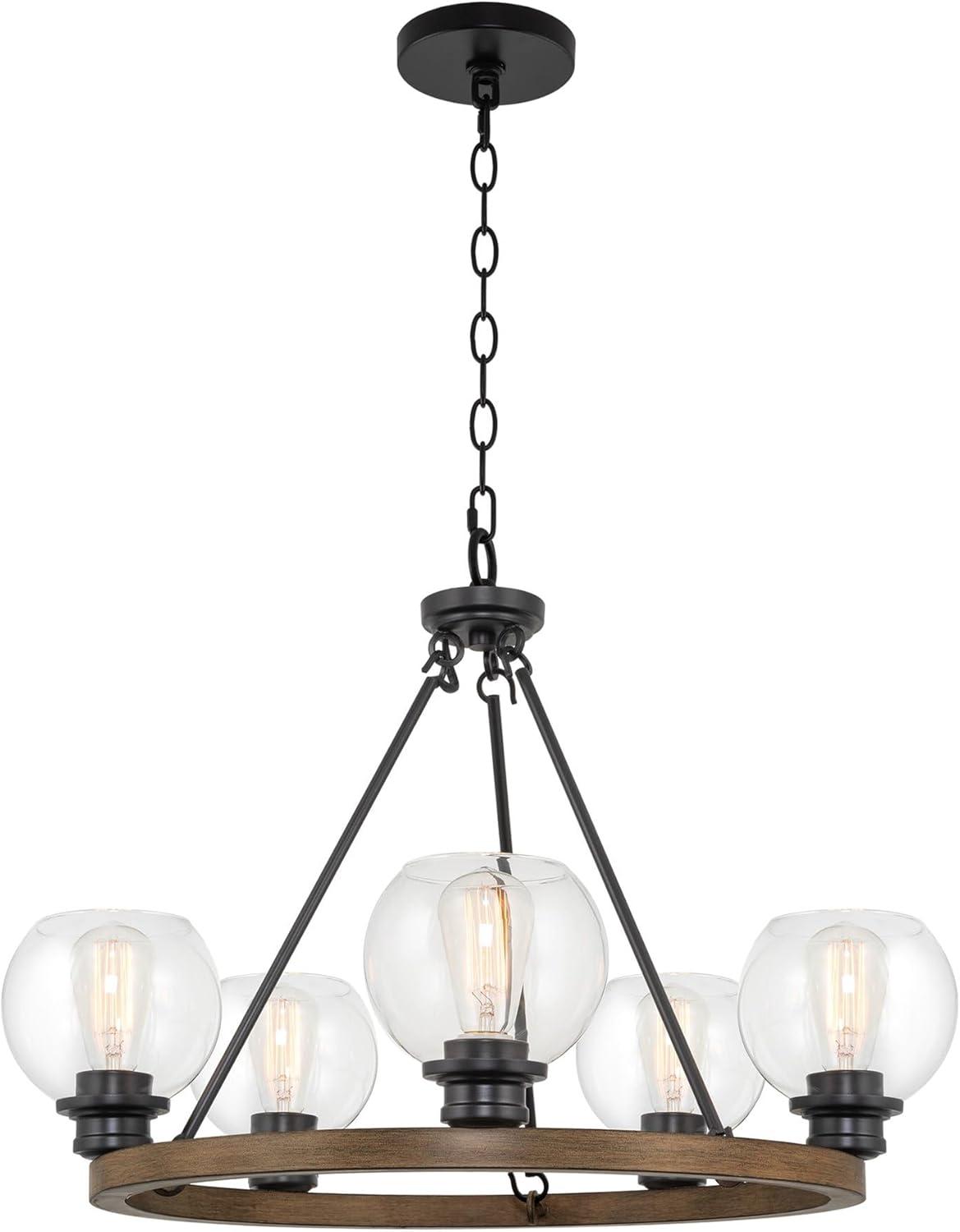 Kira Home Elwood 25" 5-Light Rustic Farmhouse Wagon Wheel Chandelier, Glass Globe Shades, Smoked Birch Wood Style, Black