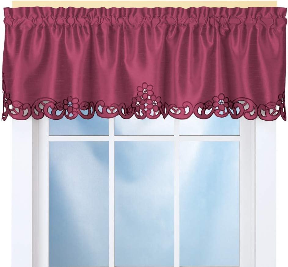 Collections Etc Elegance Scroll Embroidered Cut-Out Window Valance with Rod Pocket Top for Easy Hanging, 58" W x 13" L, Burgundy