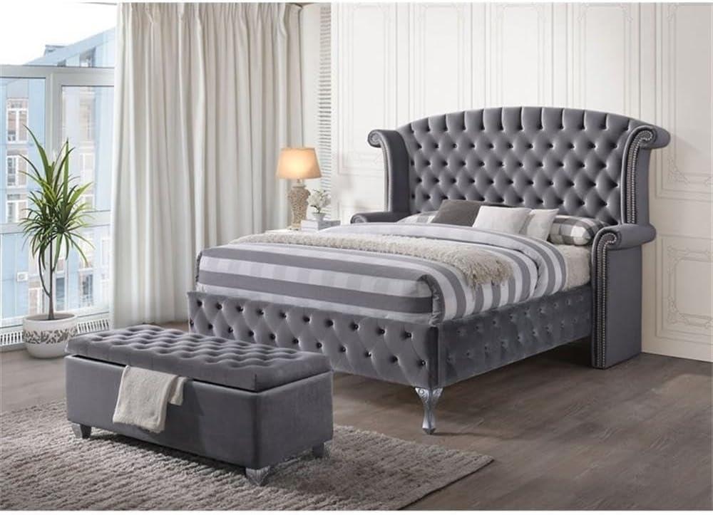 ACME Rebekah Fabric Tufted Upholstered Bench with Storage in Gray