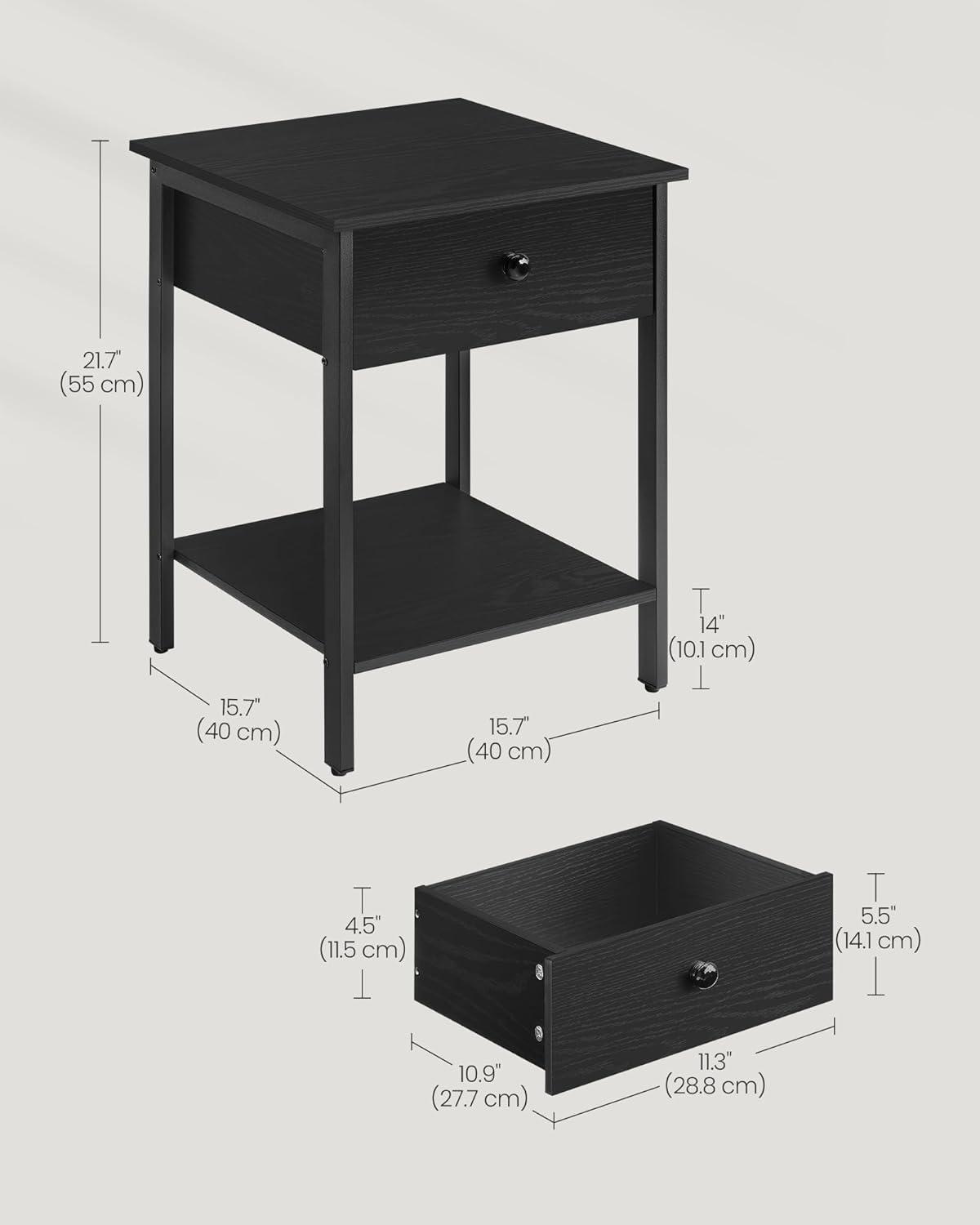VASAGLE Nightstand, End Table, Side Table with Drawer and Shelf, 15.7 x 15.7 x 21.7 Inches, Bedroom, Steel Frame, Easy Assembly, Modern, Ebony Black ULET055B56
