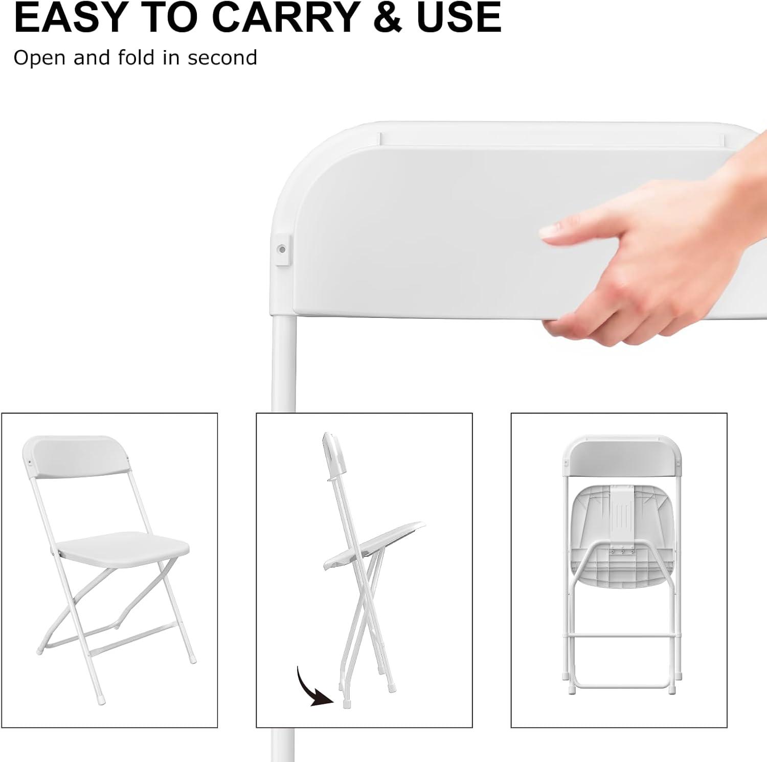 White Folding Chair, Plastic Folding Chairs 10 Pack for Outside, Indoor Outdoor Chairs with Steel Frame, Foldable Chair for Wedding Camping Dining Renting in Patio Lawn, 350LBS Capacity