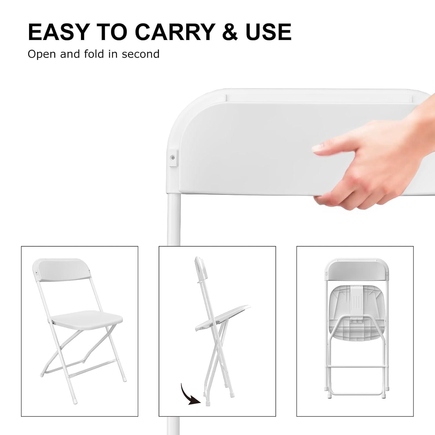 White Folding Chair, Plastic Folding Chairs 10 Pack for Outside, Indoor Outdoor Chairs with Steel Frame, Foldable Chair for Wedding Camping Dining Renting in Patio Lawn, 350LBS Capacity