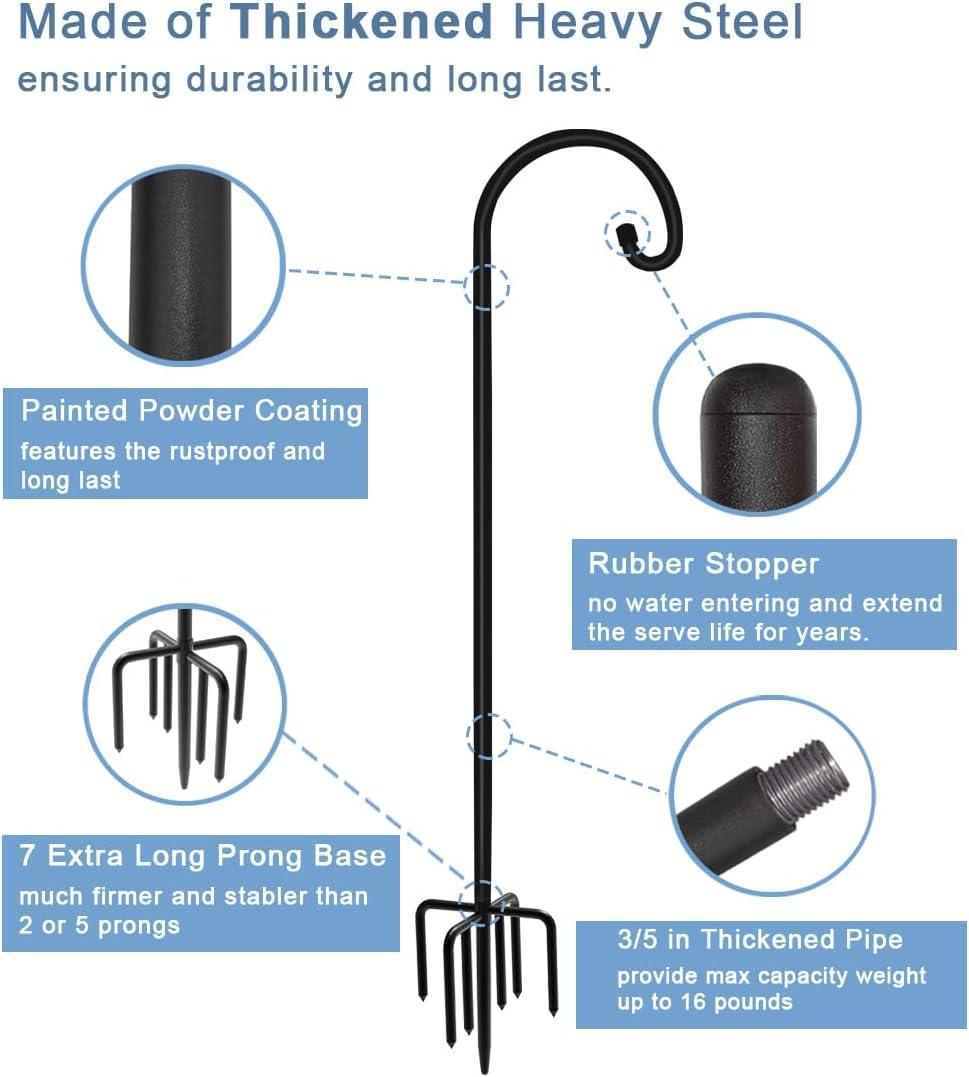 76 inch Outdoor Shepherd Hook with 5 Prong Base (2 Packs), Adjustable Heavy Duty Garden Hanging Stake for Bird Feeder Solar Light Plant Hanger Wedding Decor, Matte Black