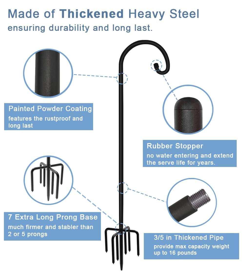 76 inch Outdoor Shepherd Hook with 5 Prong Base (2 Packs), Adjustable Heavy Duty Garden Hanging Stake for Bird Feeder Solar Light Plant Hanger Wedding Decor, Matte Black