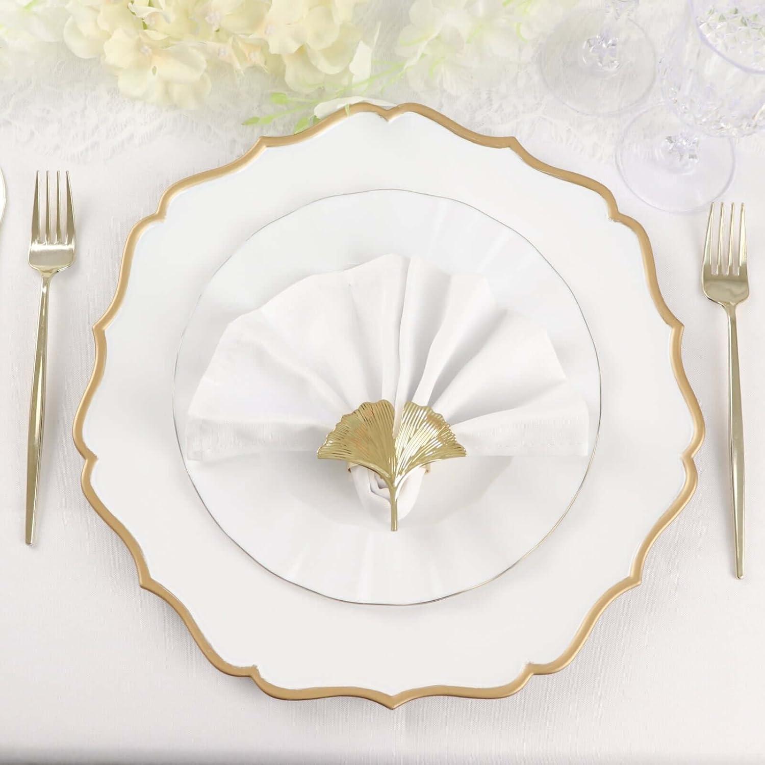 Efavormart 6 Pack | White & Gold 13" Round Scallop Rim Plastic Charger Plates, Tabletop Dinnerware Decor