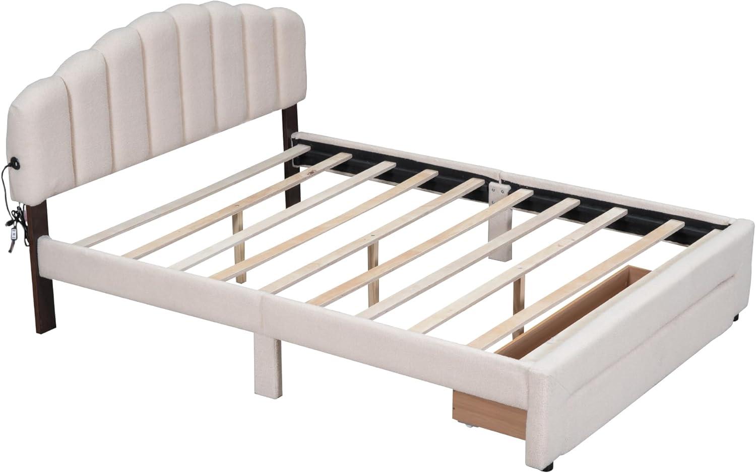 Harper & Bright Designs Queen Size Upholstered Platform Bed with Twin Size Trundle and 2 sets of USB Ports on each side, Linen Fabric, Beige