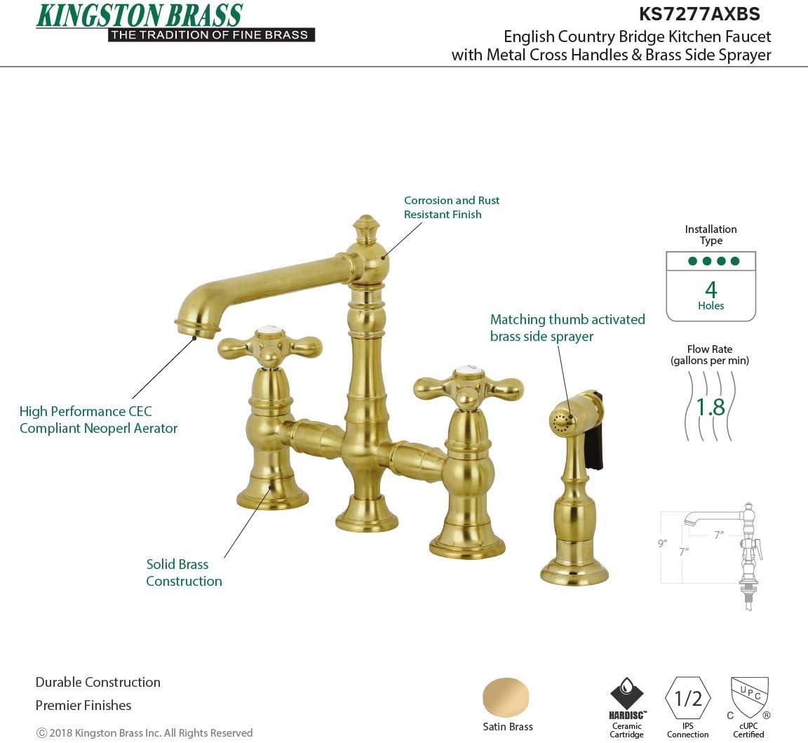 Kingston Brass KS7277AXBS English Country 8" Bridge Kitchen Faucet with Sprayer, Brushed Brass