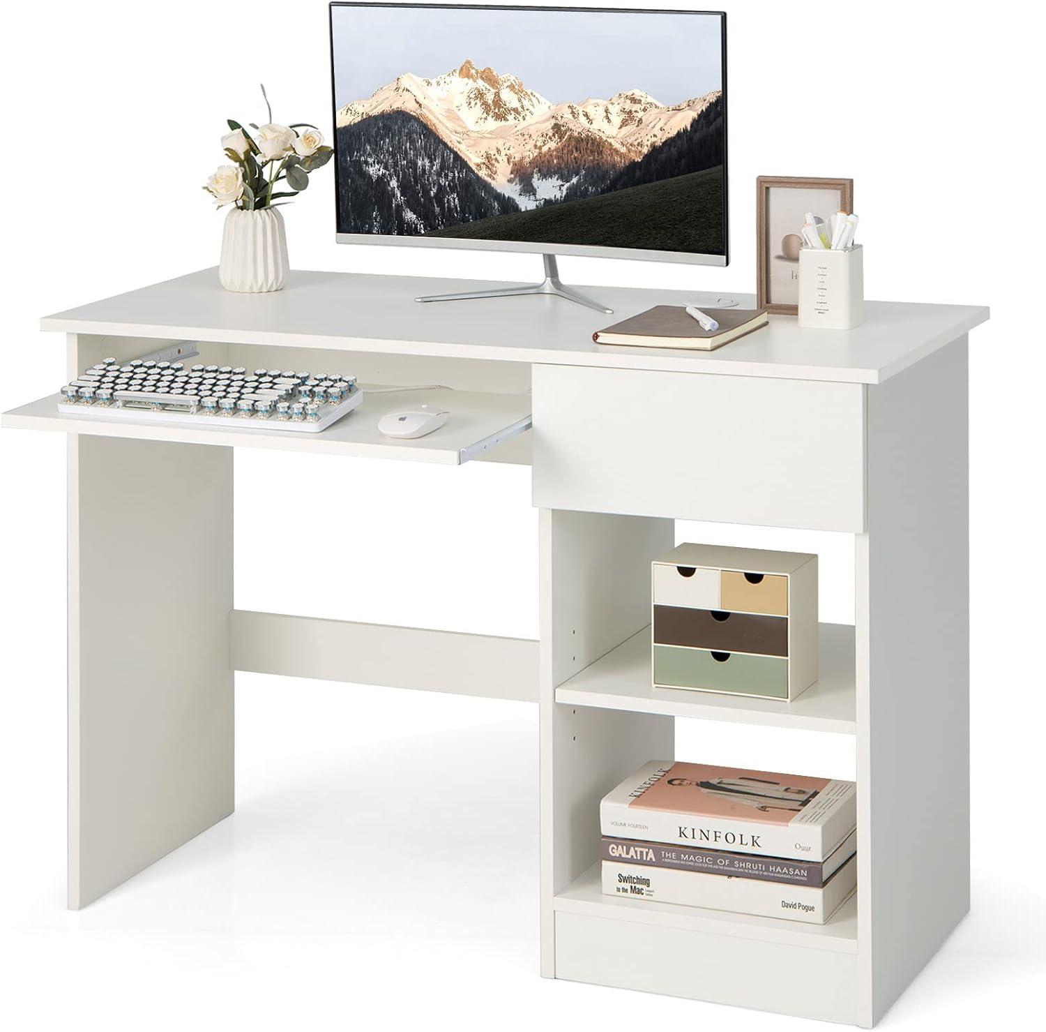 Computer Desk Modern Writing Workstation PC Laptop Table w/ Keyboard Tray White