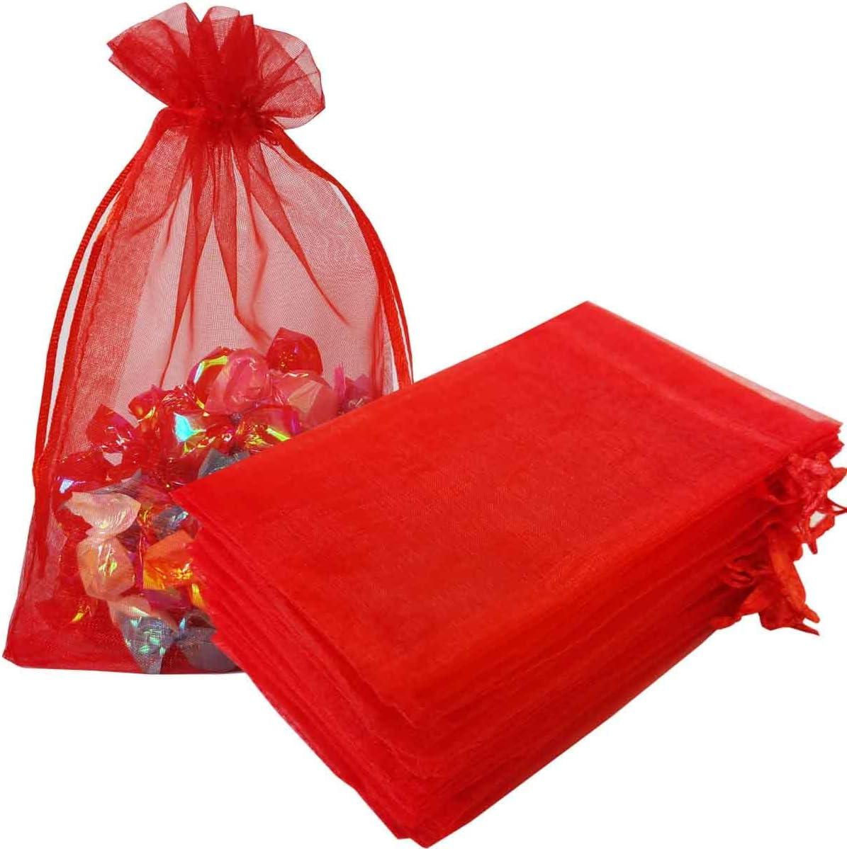 100PCS 4x6inch (10x15cm) Drawstring Organza Jewelry Favor Pouches Wedding Party Festival Gift Bags Candy Bags (Red)