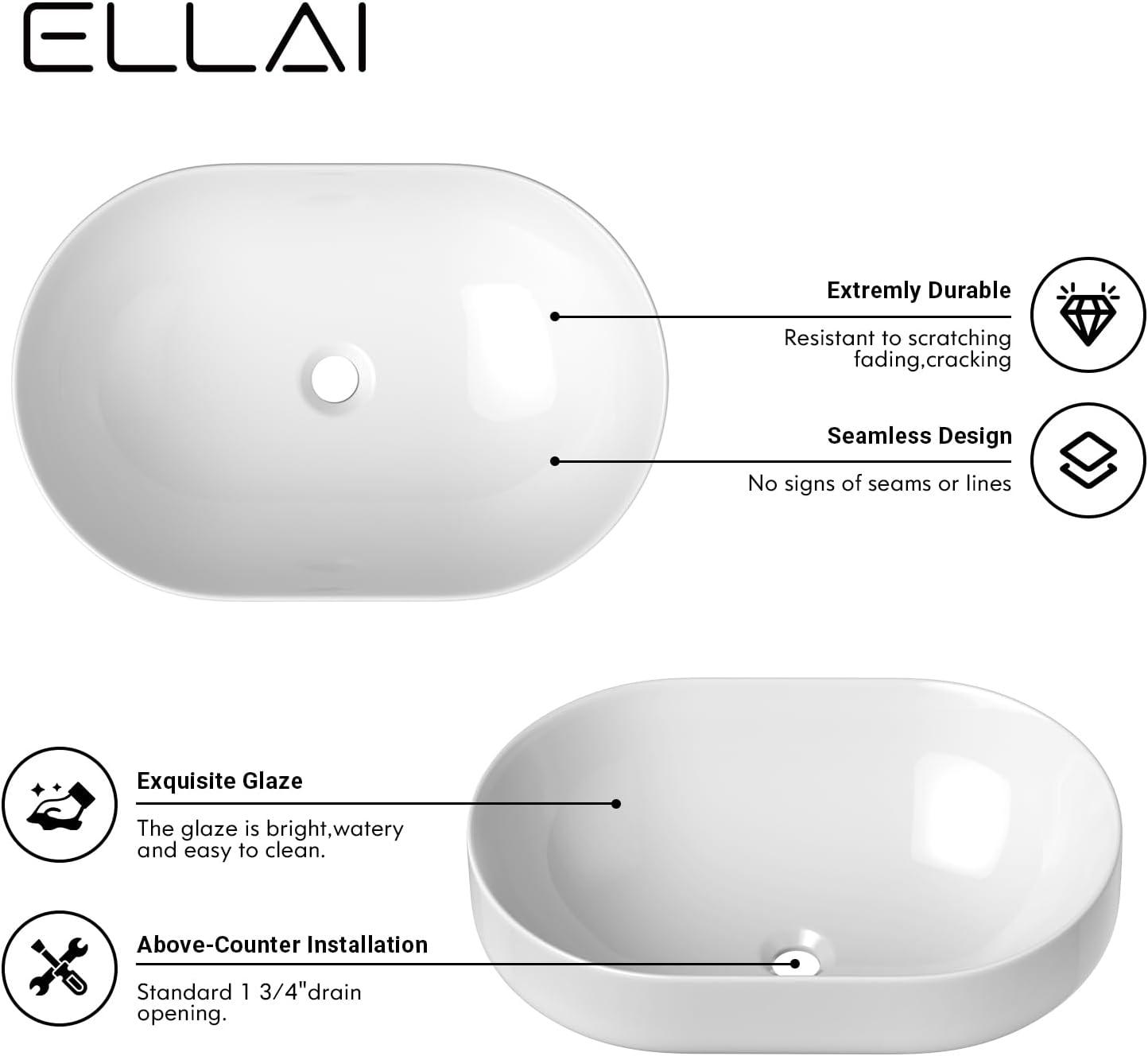 ELLAI Polaris Oval Bathroom Vessel Sink Drop In White Semi Recessed 23.6" x 15.7" x 6.8"