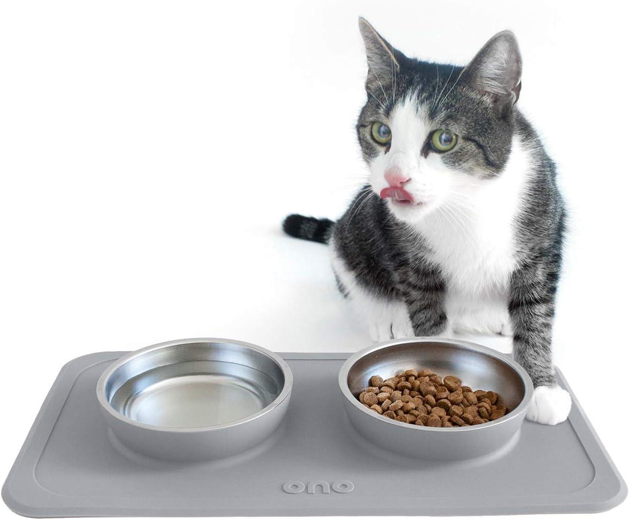 Ono Good Bowl Food & Water Double Feeder - Small to Medium Pets No Spill Non Skid Silicone Mat & Stainless Steel Bowl for Dogs or Cats (Charcoal)