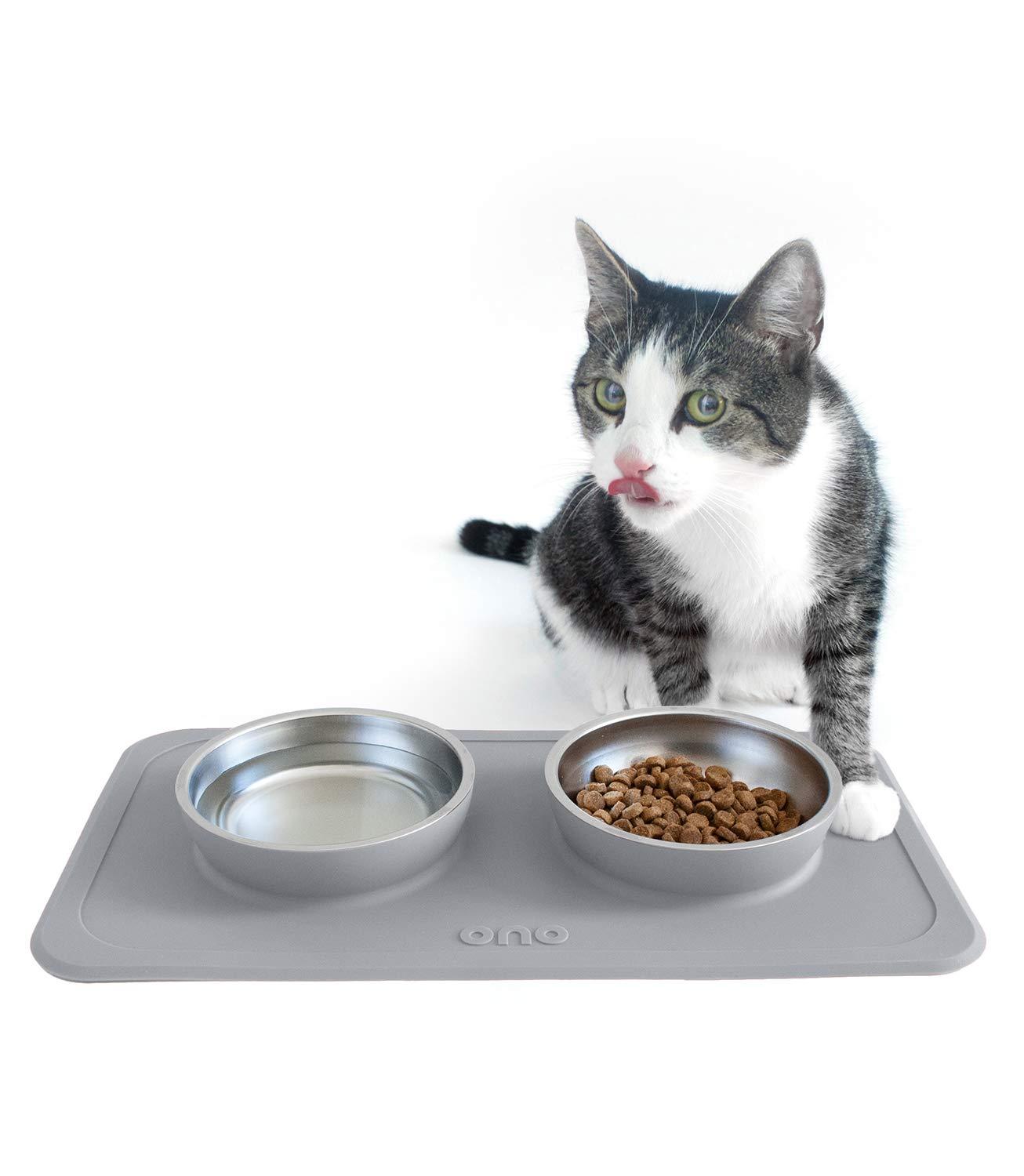 Ono Good Bowl Food & Water Double Feeder - Small to Medium Pets No Spill Non Skid Silicone Mat & Stainless Steel Bowl for Dogs or Cats (Charcoal)