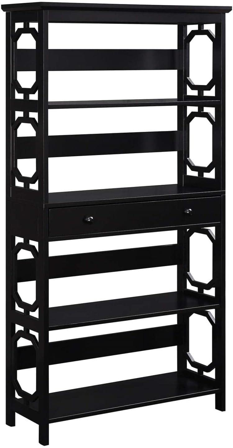 Black Wood 5-Tier Bookcase with Drawer