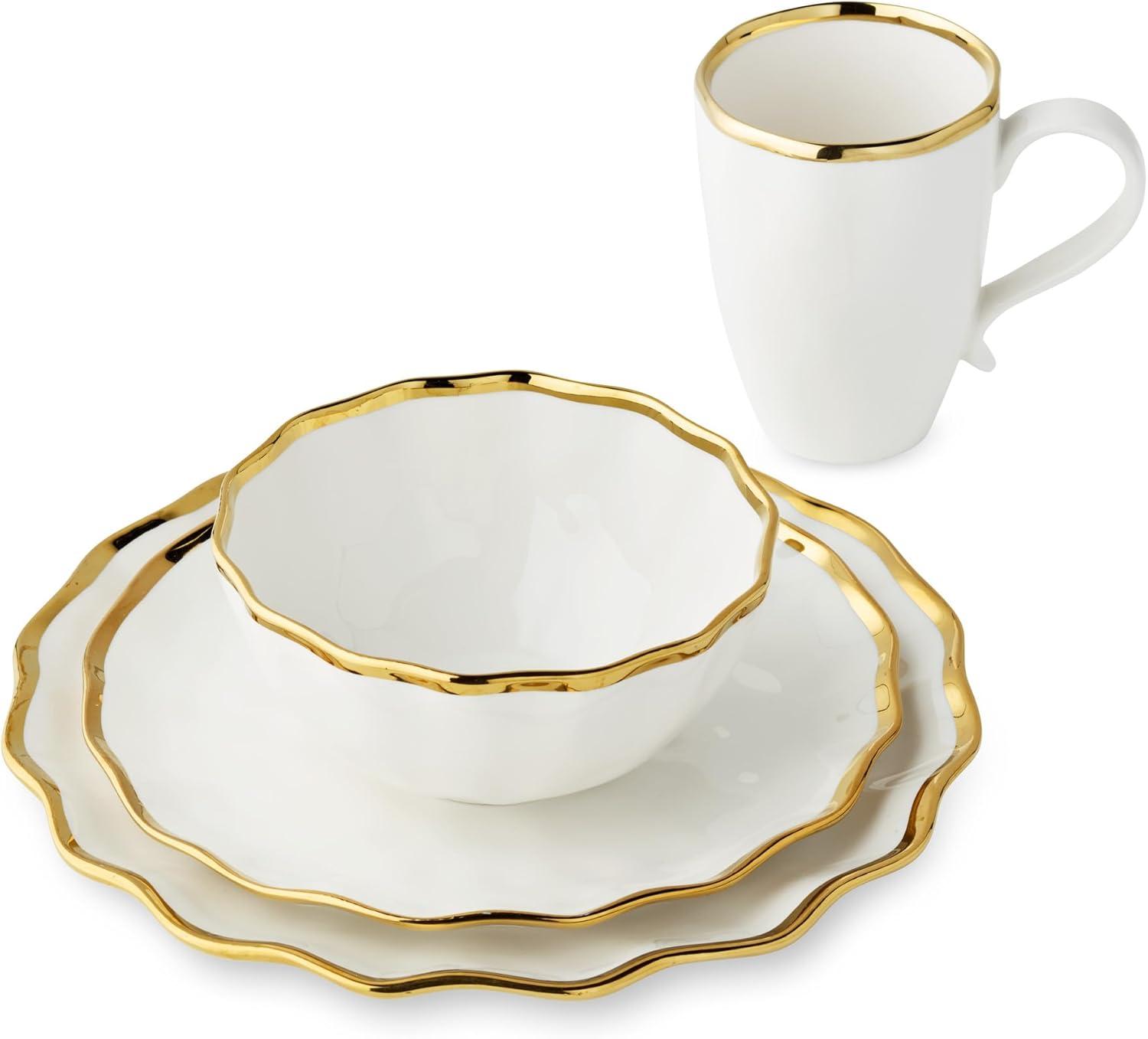 Certified International Regency Gold 16-Piece Porcelain Dinnerware Set for 4 – Luxury Gold-Rimmed Plates, Bowls & Mugs – Elegant, Dishwasher-Safe Tableware for Formal Dining, Entertaining & Special Occasions