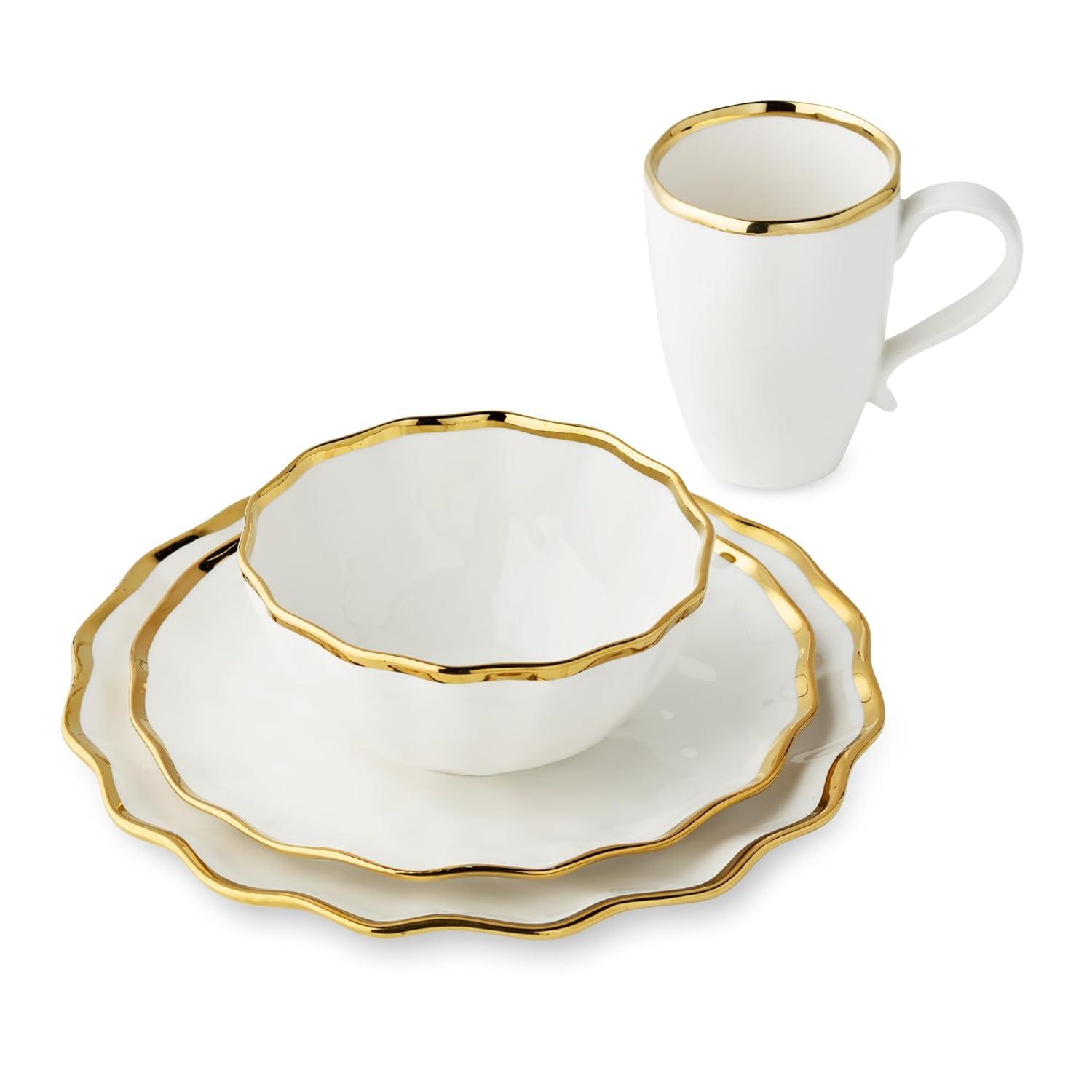 Certified International Regency Gold 16-Piece Porcelain Dinnerware Set for 4 – Luxury Gold-Rimmed Plates, Bowls & Mugs – Elegant, Dishwasher-Safe Tableware for Formal Dining, Entertaining & Special Occasions