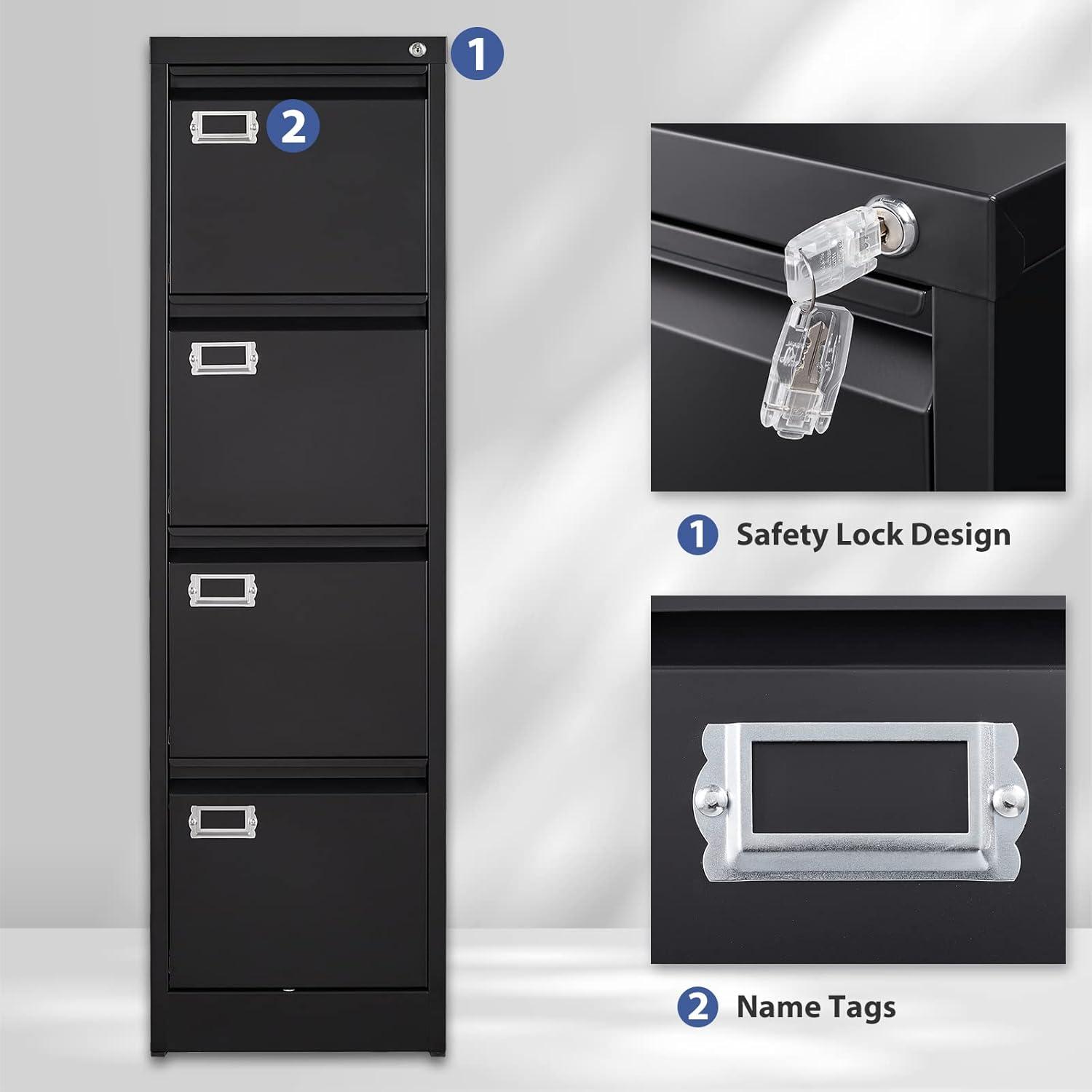 Black Metal Vertical 4-Drawer Lockable File Cabinet