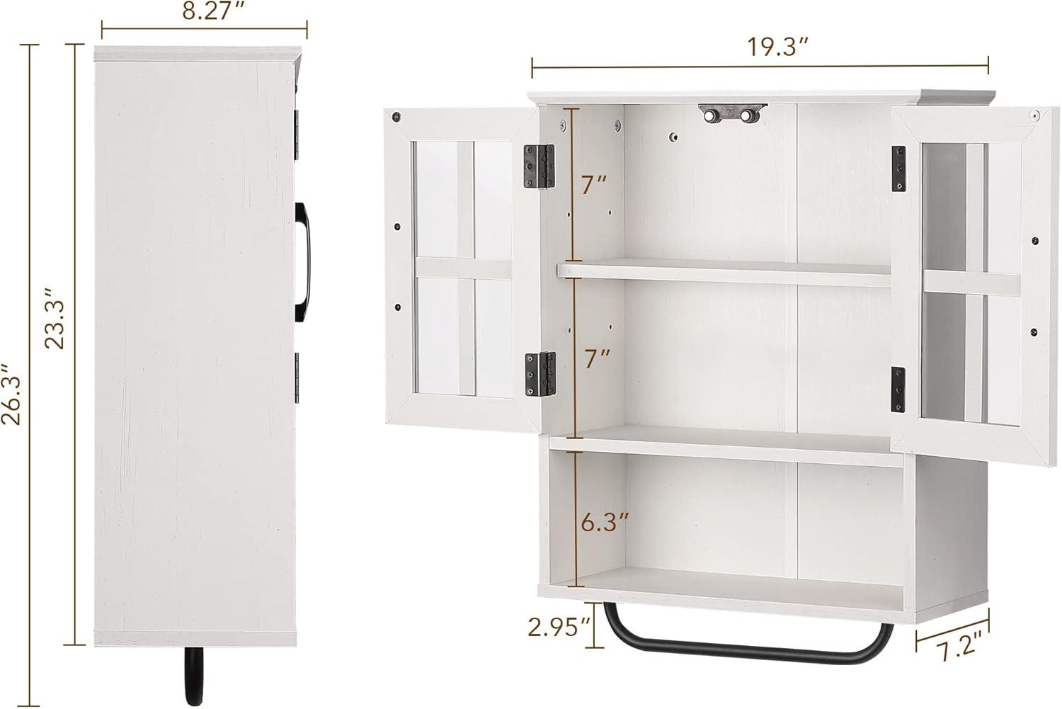 Wood Wall Storage Cabinet With Cross Glass Doors, Farmhouse Wall Mounted, 3 Tier Rustic Cabinet With Adjustable Shelves And Towel Bar For Bathroom, Living Room, Vintage White