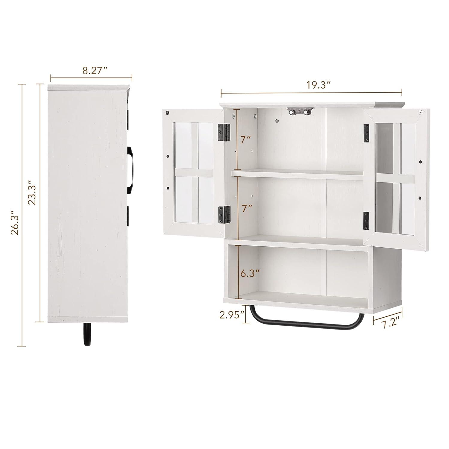 Wood Wall Storage Cabinet With Cross Glass Doors, Farmhouse Wall Mounted, 3 Tier Rustic Cabinet With Adjustable Shelves And Towel Bar For Bathroom, Living Room, Vintage White