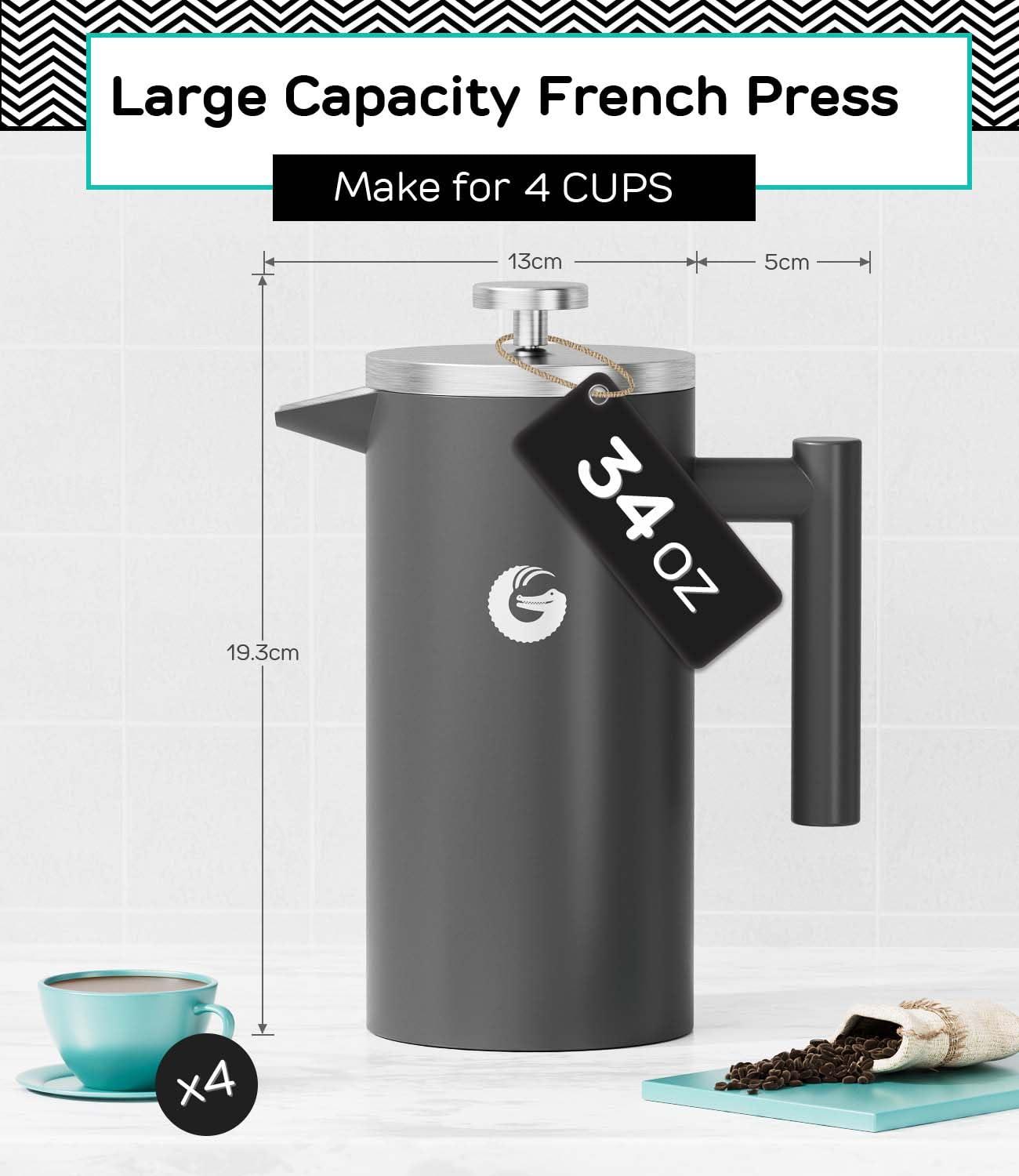 Gray Stainless Steel Thermal French Press Coffee Maker with Travel Jar