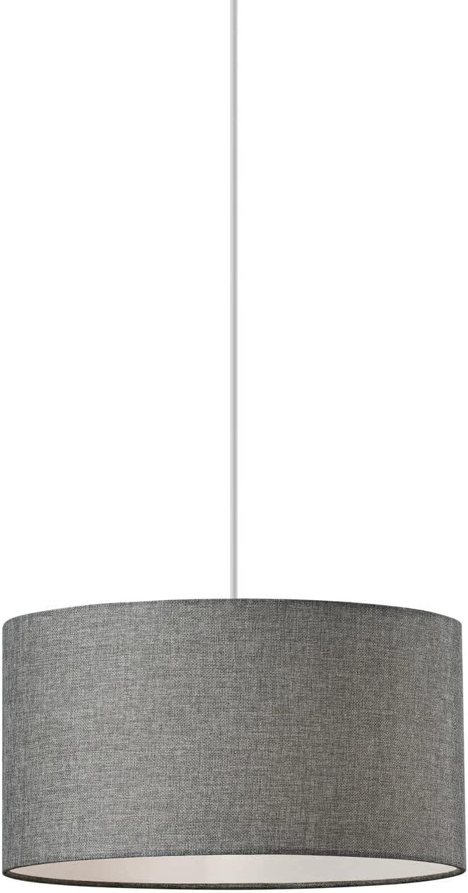 Gray Textured Fabric Drum Pendant with Brass Accents