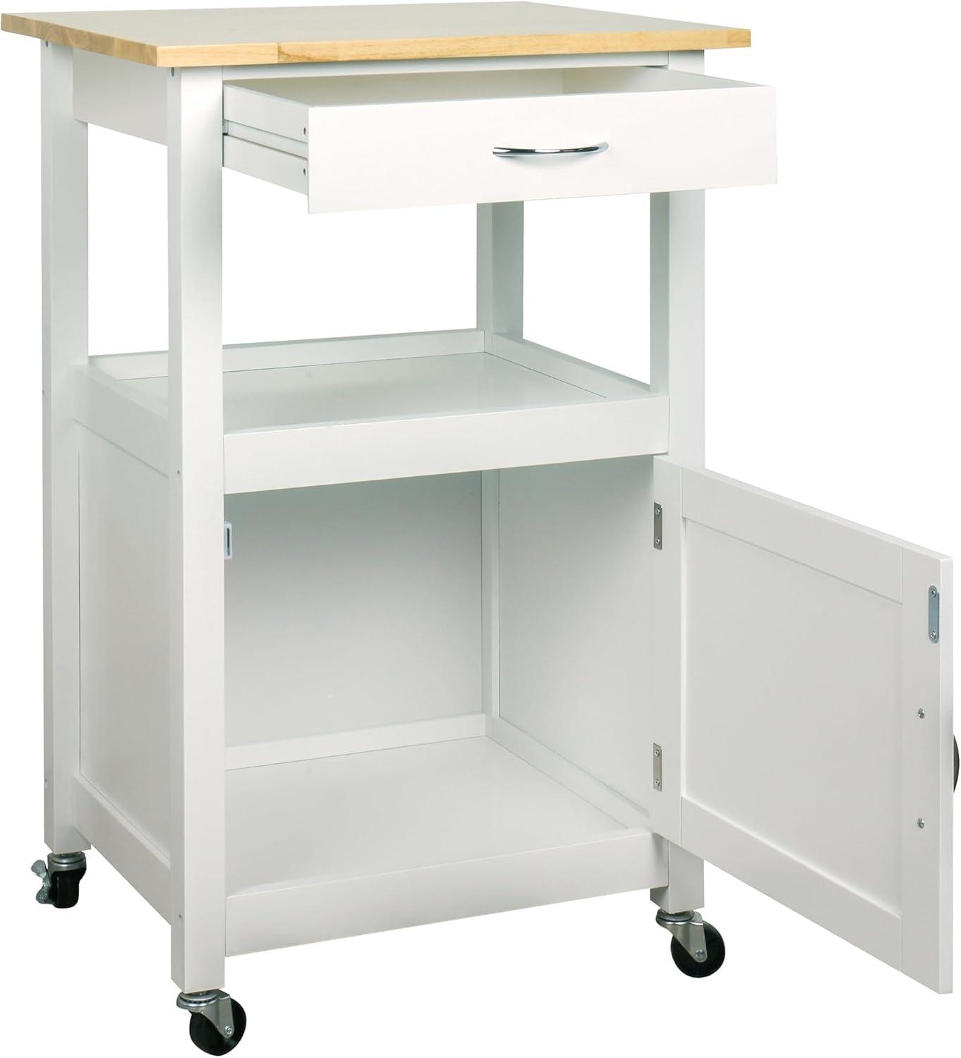 eHemco 1-Door Kitchen Island Cart on Wheels with Drawer, Storage Cabinet, Shelf and Natural Solid Hardwood Top, 34.75 Inches Height, White Base