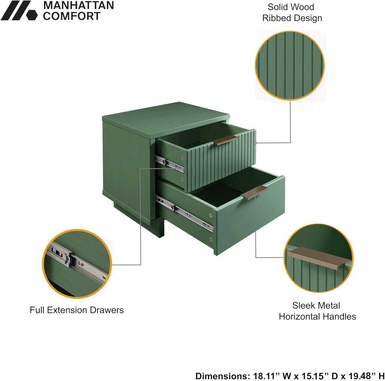 Manhattan Comfort Set of 2 Granville 2 Drawer Nightstands Sage Green: Modern Design, Soft Close, Metal Handles