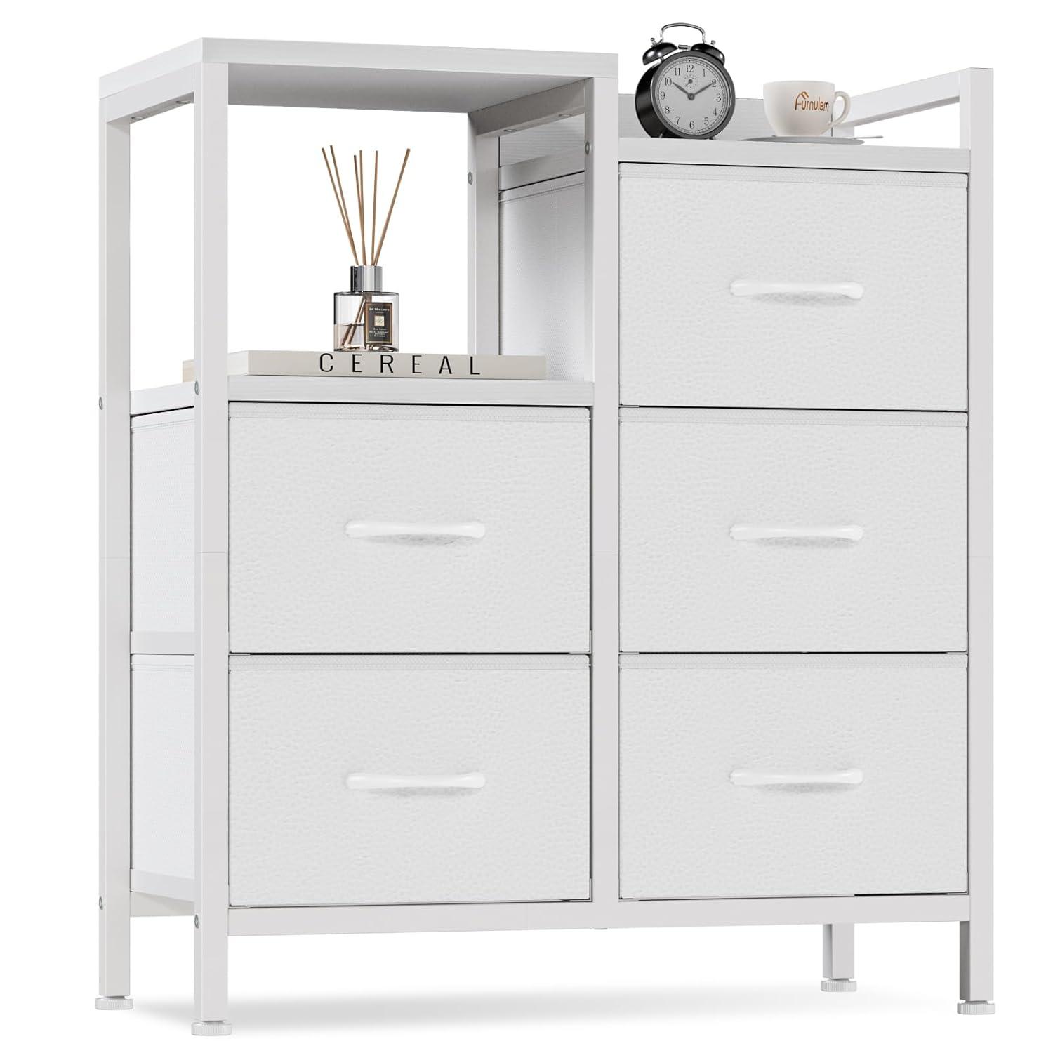 Furnulem 5 Drawer White Dressers for Bedroom 2 Tier Shelf Storage Small Fabric Dresser for Closet Sturdy Metal Frame Modern Style Storage Cabinets Organization Units for Hallway Rooms
