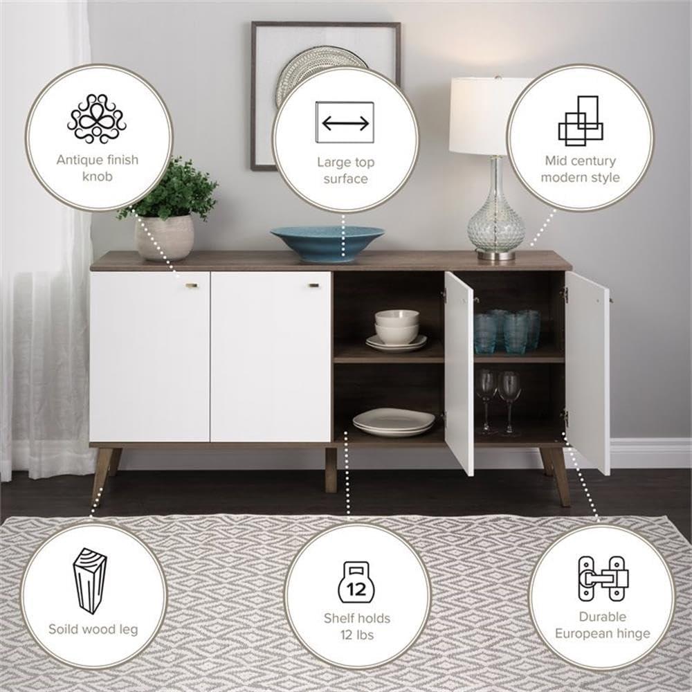 Milo Mid-Century Modern 4 Door Buffet Server Gray/White - Prepac: Laminated Composite Wood, Adjustable Shelves