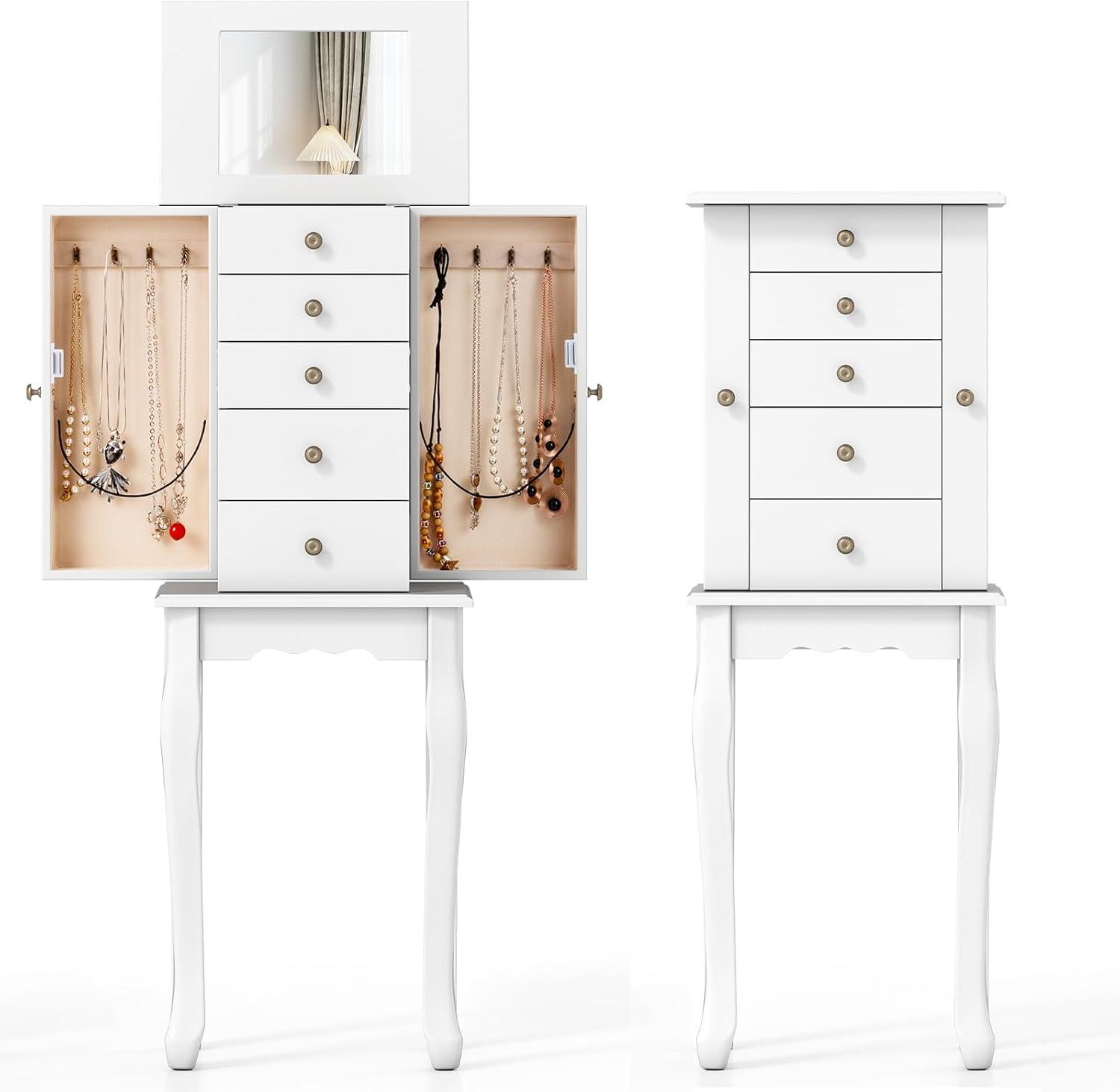 Standing Jewelry Cabinet Armoire with Top Flip Mirror, Jewelry Box Chest with 4 Drawers, Top Compartments, 8 Necklace Hooks and 2 Side Doors, White