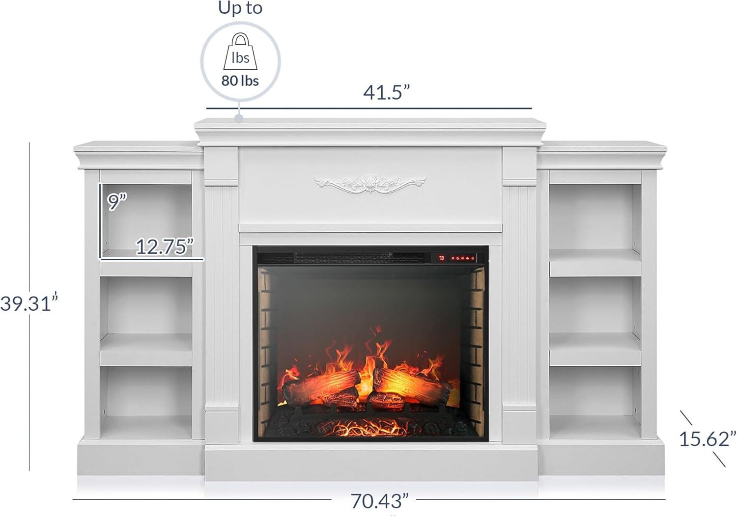 White 70" Electric Fireplace Heater TV Stand with Shelves