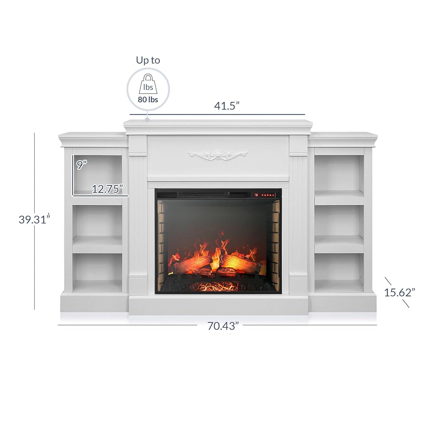 BELLEZE Modern 70" Electric Fireplace Heater Mantel TV Stand & Media Entertainment Center for TVs up to 68" with Energy-Efficient Heater with Sound and Side Book Shelves - Lenore (White)