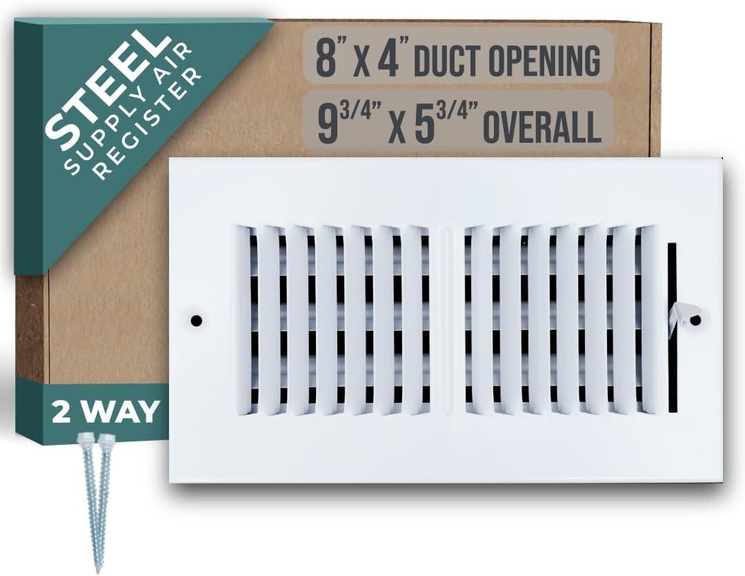 White Steel 8x4 Duct Opening 2-Way Air Supply Register