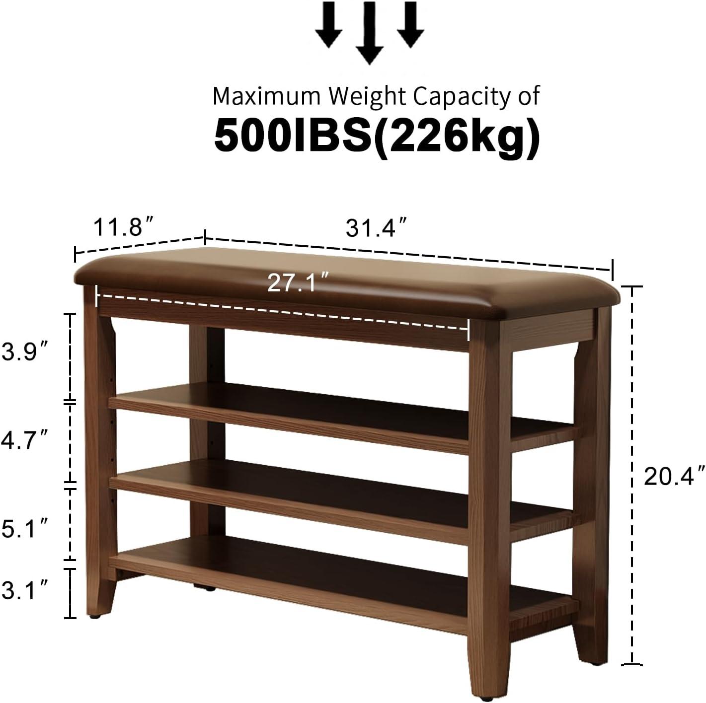 Shoe Bench with Leather Cushion, 3 Tiers Shoe Storage Bench, Walnut Wood Entryway Bench