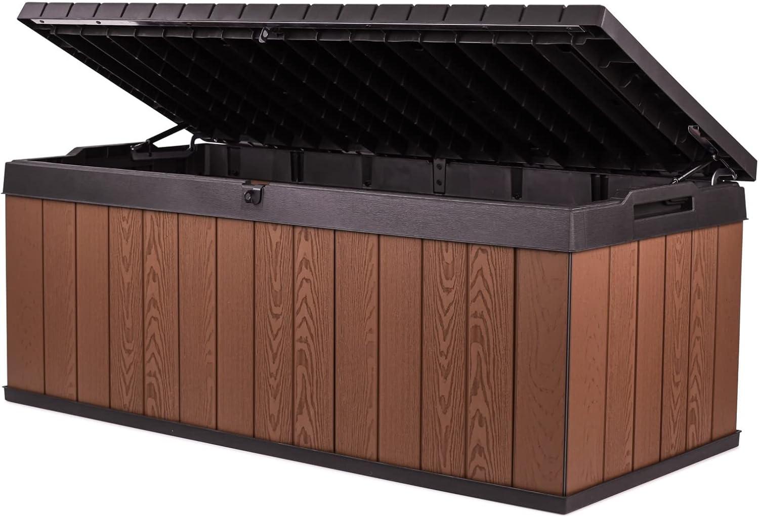 Keter Darwin 100 Gallon Durable Resin Outdoor Storage and Organization Deck Box Ideal For Garden Patio Furniture and Supplies, Brown