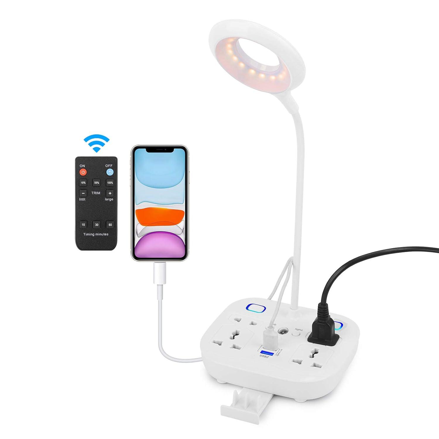 LED Desk Lamp, Adjustable Table Light with Remote Control, Eye-Caring Dimmable Office Lamp with 2 USB Charging Ports, 4 AC Power Outlets, Phone Stand, Multi Brightness Levels (White)