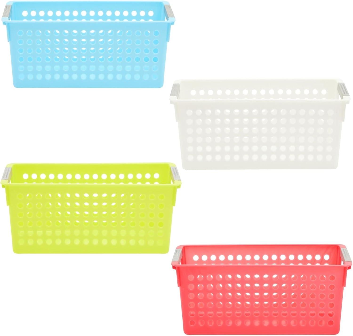 Farmlyn Creek 4 Pack Plastic Storage Baskets Bins with Handles for Shelves, Closet Organizer, 4 Colors