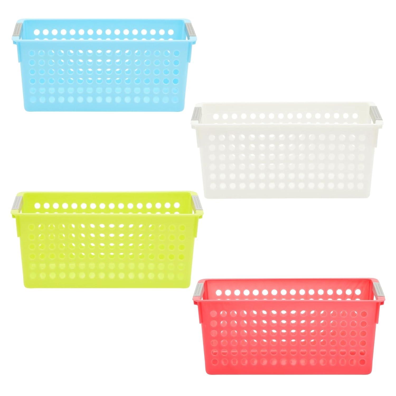 Farmlyn Creek 4 Pack Plastic Storage Baskets Bins with Handles for Shelves, Closet Organizer, 4 Colors