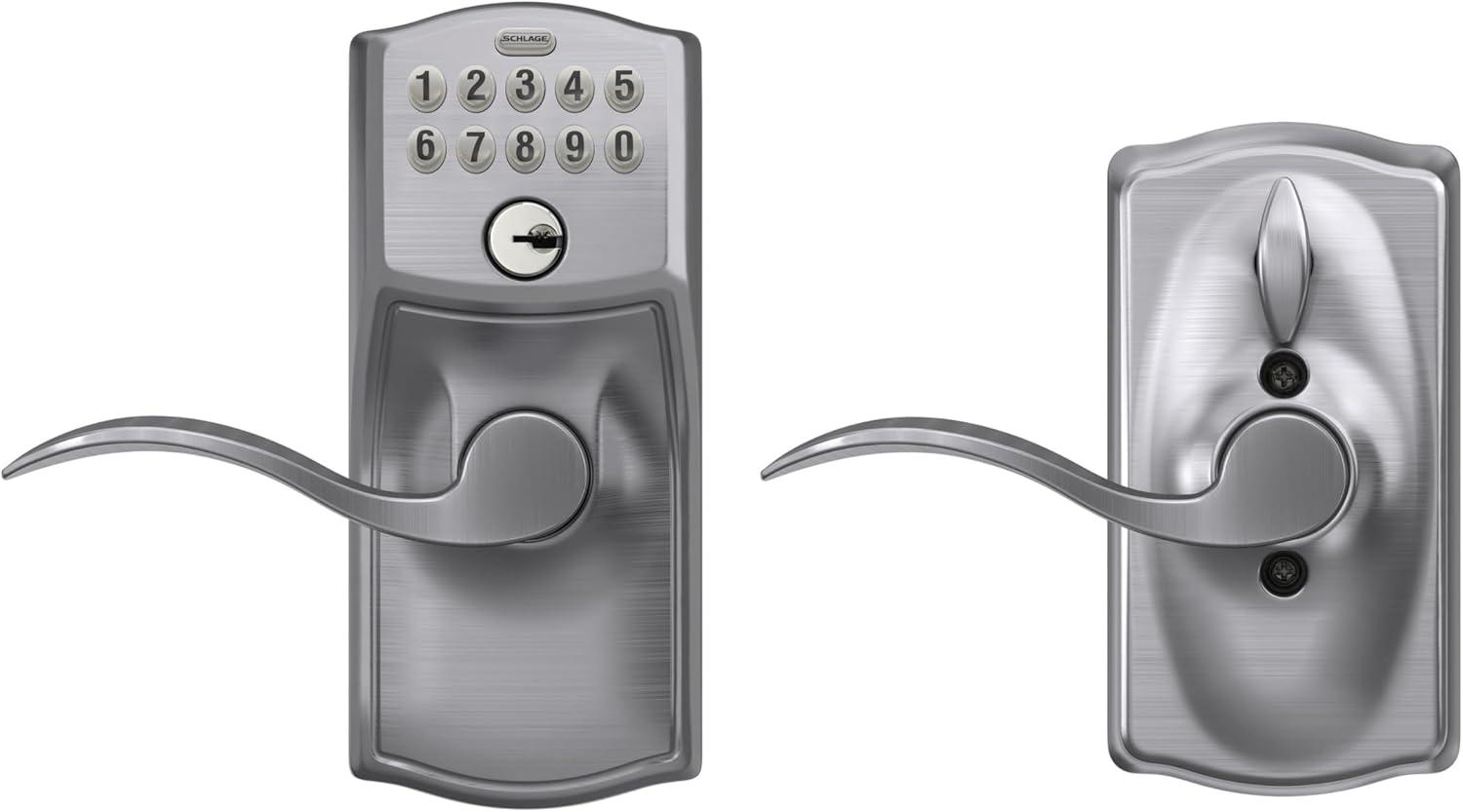 Schlage FE595 Camelot By Accent Keypad with 16211 Latch 10063 Strike Entry Flex-Lock Electronic Keypad with 16211 Latch 10063 Strike Satin Chrome Finish