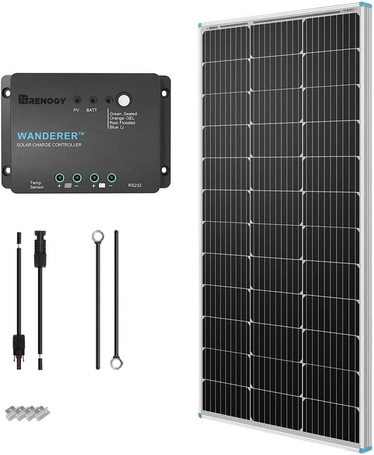 Renogy 100W 12V Solar Panel Monocrystalline Off Grid Starter Kit with 30A Wanderer Charger Controller