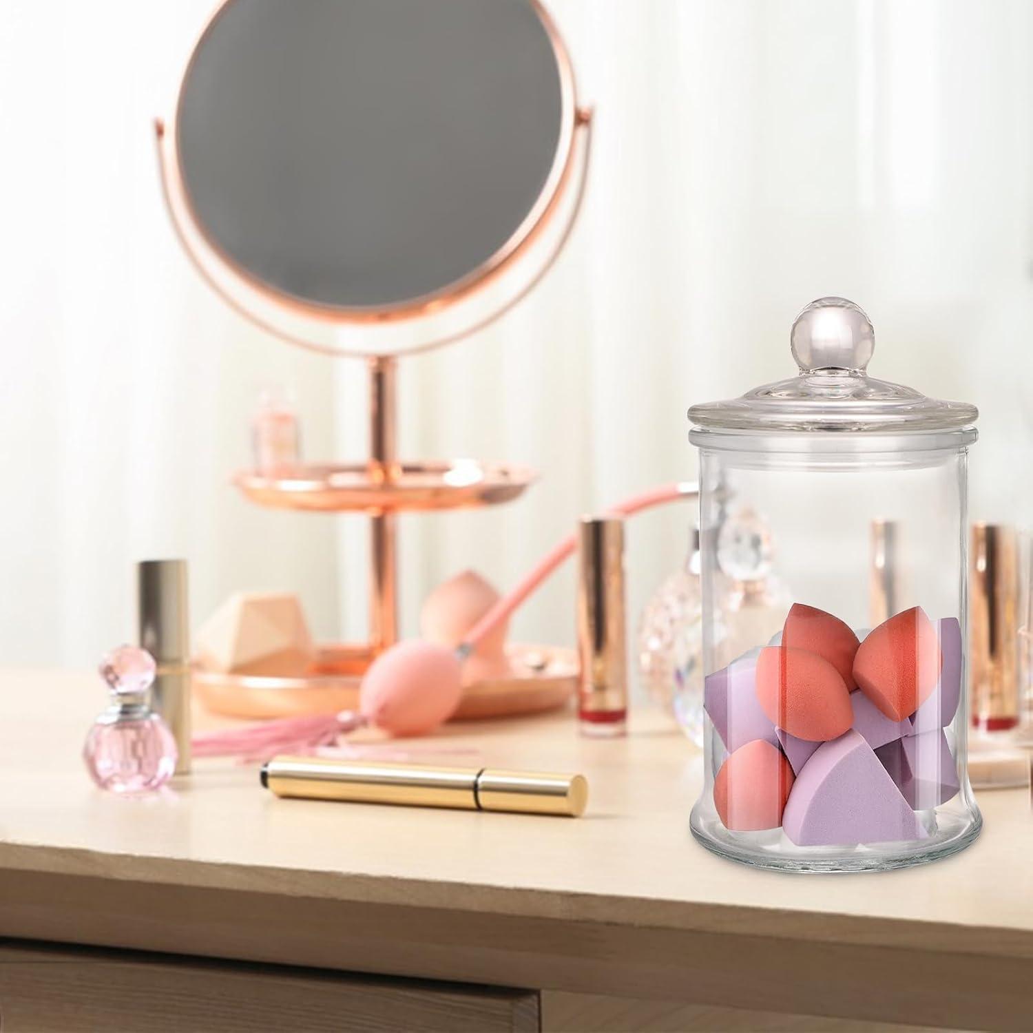 3 Pack Glass Apothecary Jars with Lids, 25oz Clear Bathroom Accessories Canisters Storage Organizer, Cotton Ball Holder Containers, Glass Jars for Bathroom, Vanity, Laundry Room