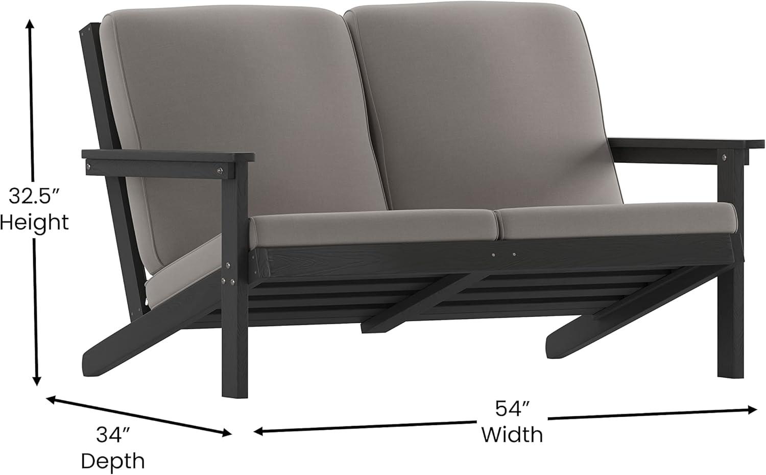 Flash Furniture Charlestown All-Weather Poly Resin Wood Adirondack Style Deep Seat Patio Loveseat with Cushions, Black/Charcoal