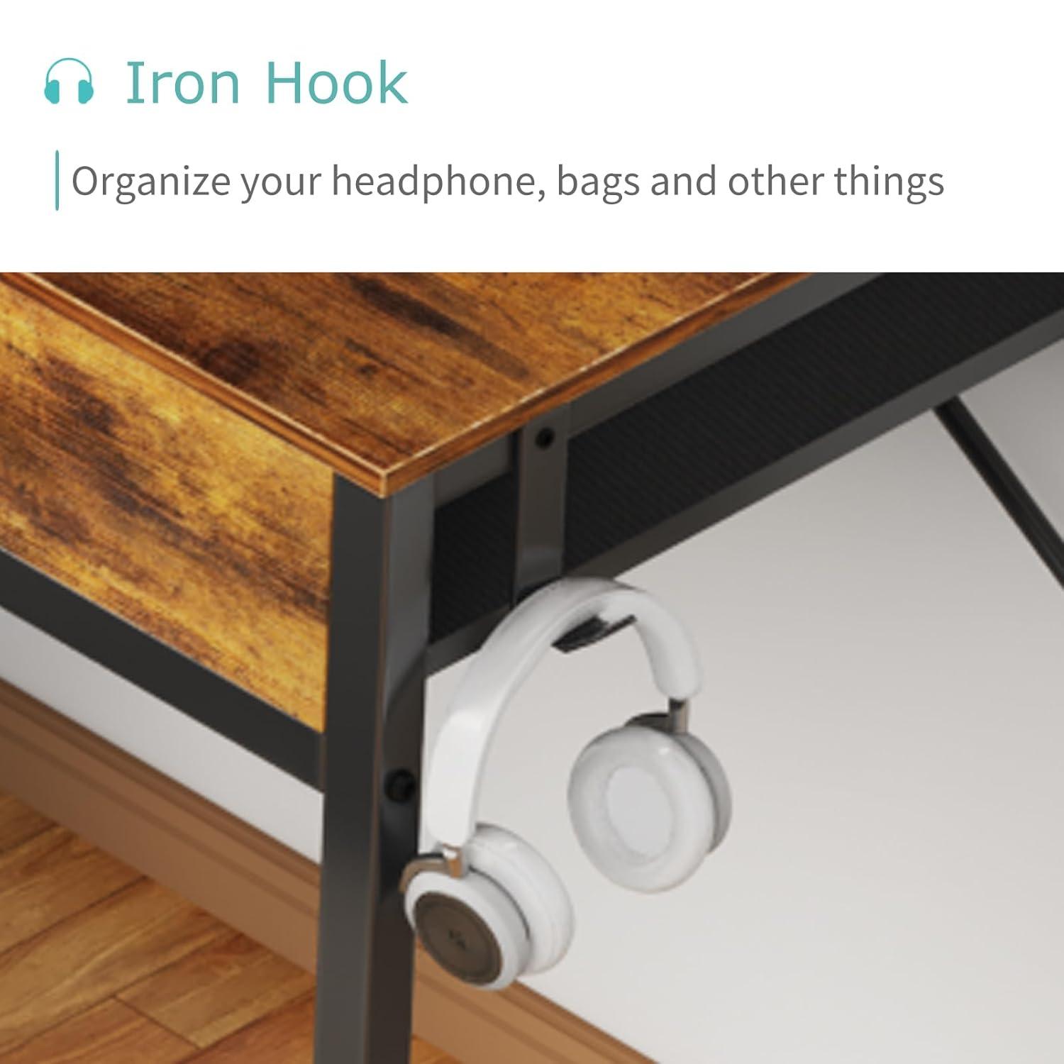 Lufeiya 40 Inch Desk with Drawers for Bedroom - 39 Inch Home Office Desks with 3 Fabric Storage Drawer and Pocket, Study Writing Table Rustic Computer Desk, Vintage Brown