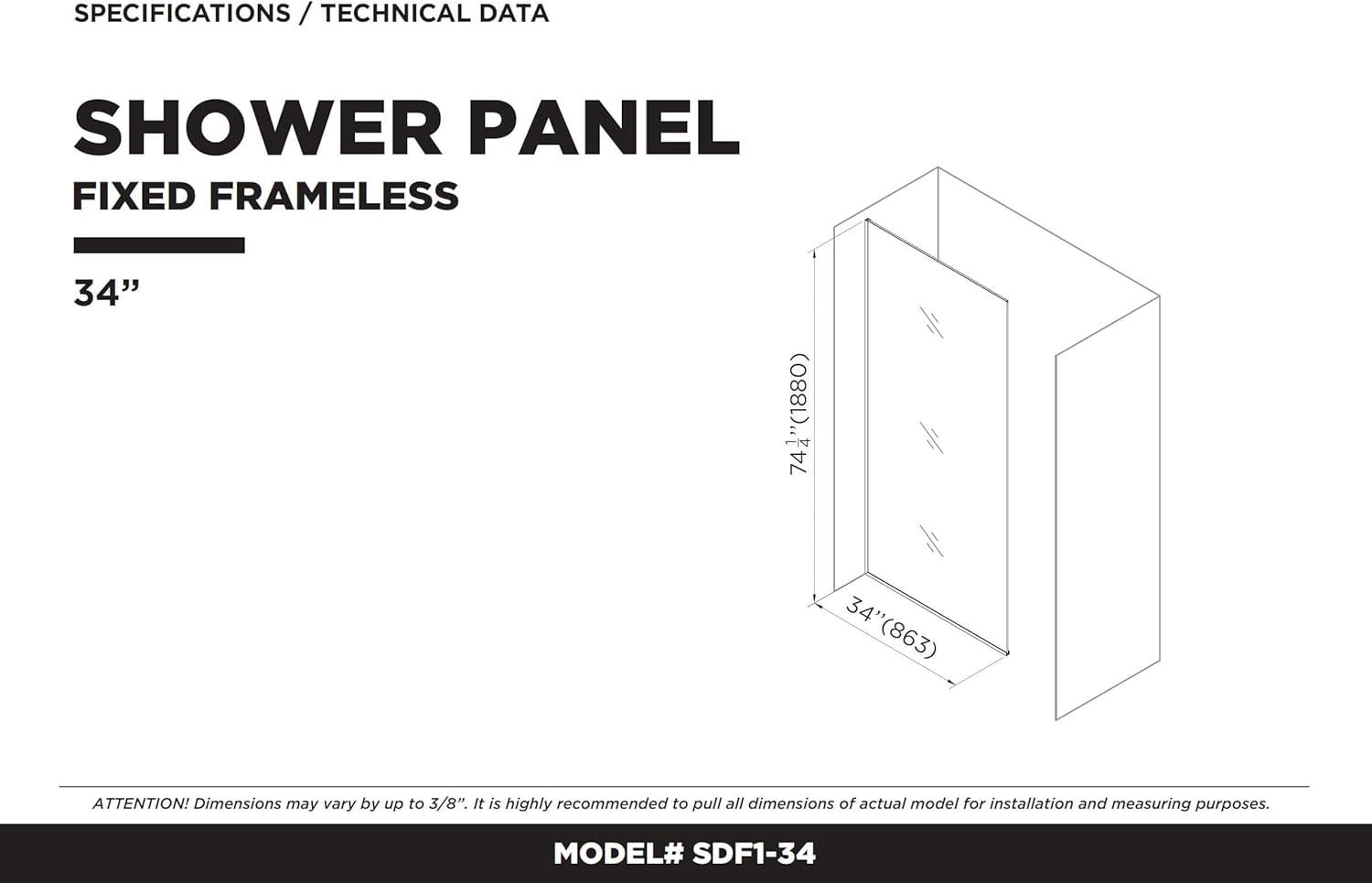 34'' W x 74.25'' H Semi-Frameless Fixed Glass Panel