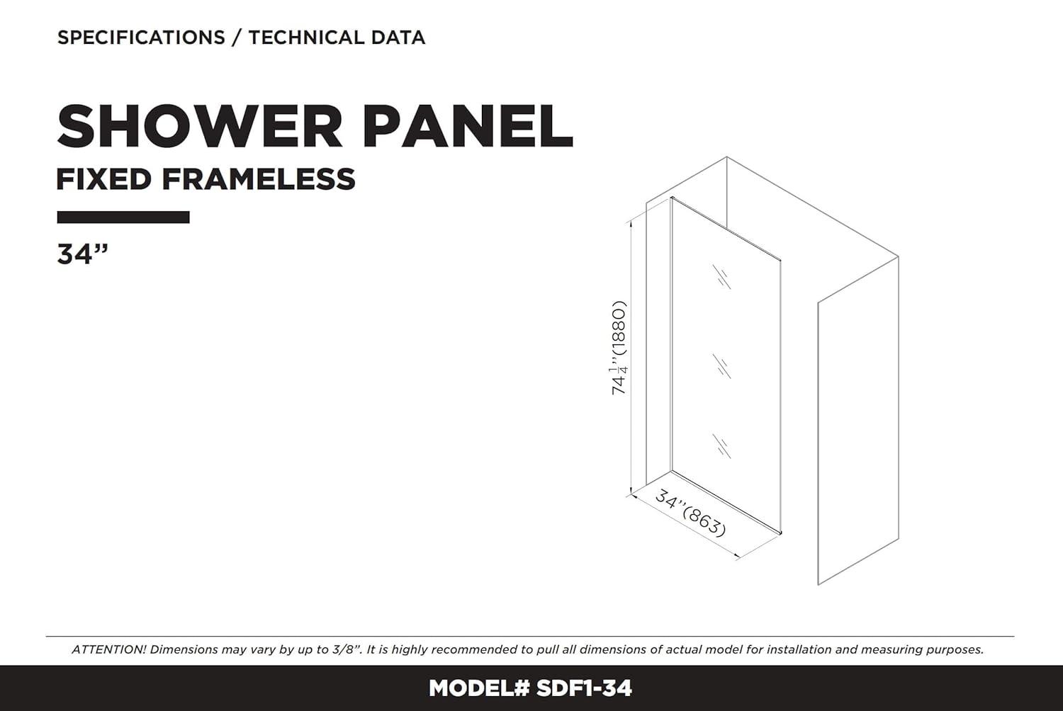 34'' W x 74.25'' H Semi-Frameless Fixed Glass Panel