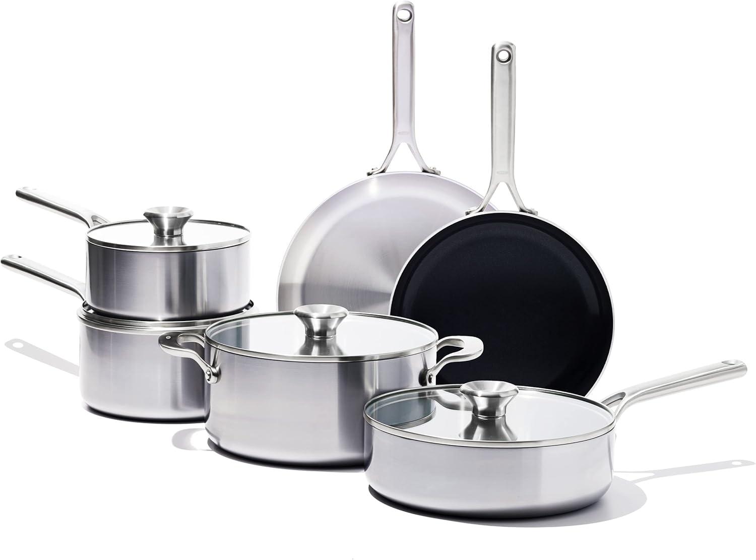 OXO 10pc Mira Tri-Ply Stainless Steel Cookware Set Silver: Dishwasher-Safe, Gas & Induction Compatible, UPC 885837031089