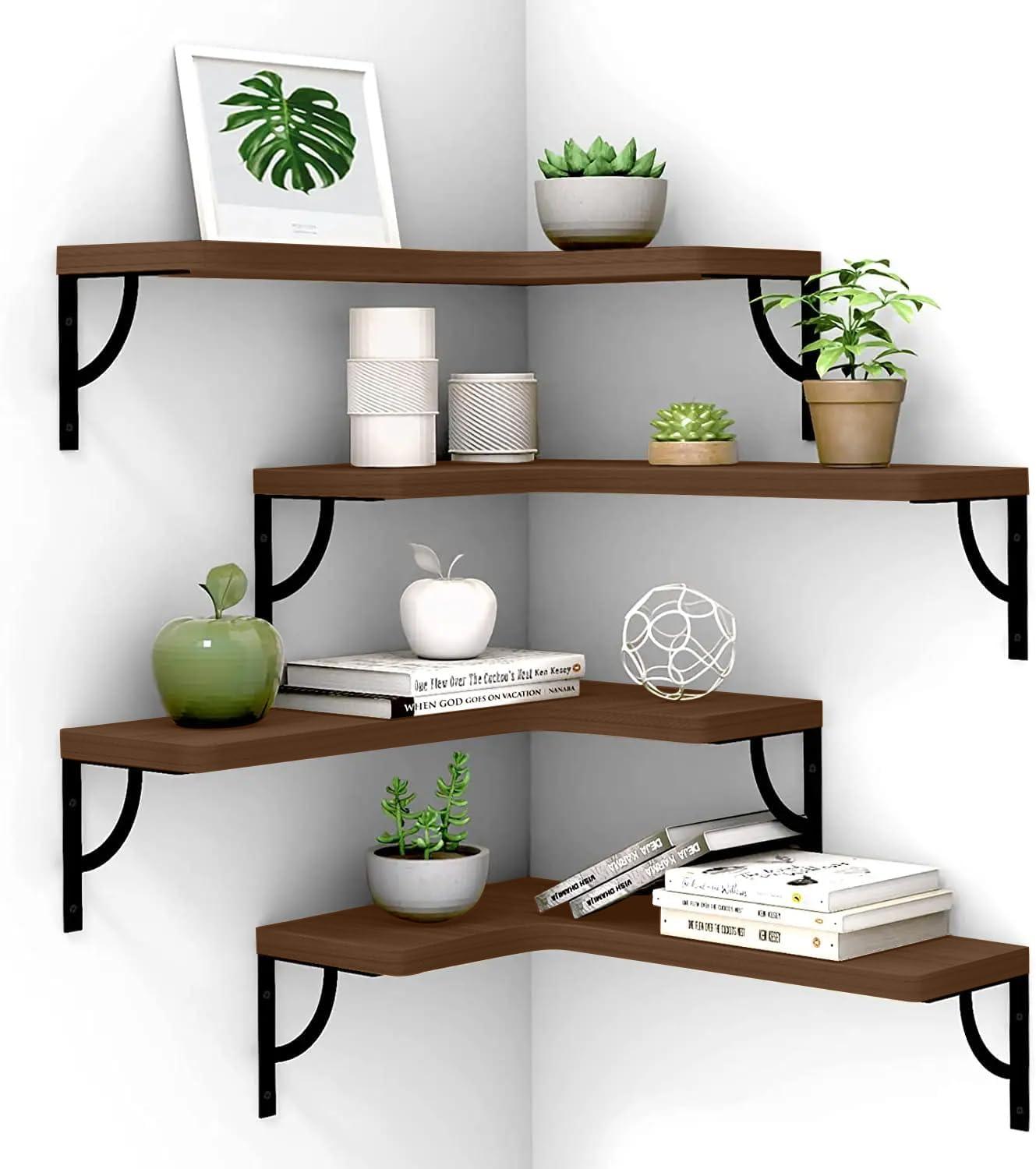 Small Modern Light Brown Floating Corner Wall Shelf Set