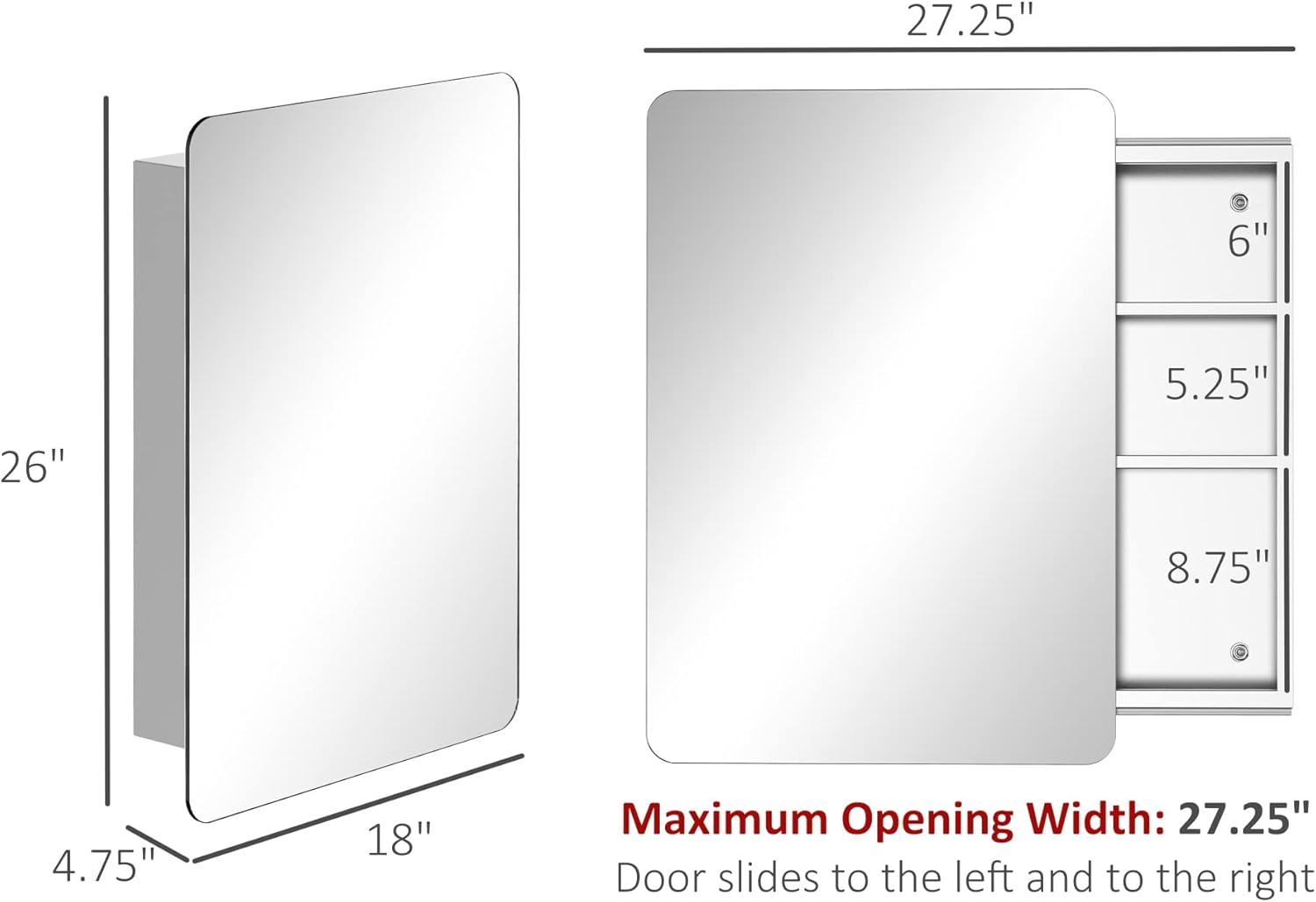 kleankin 18'' x 26'' Wall Mount Bathroom Medicine Cabinet Mirror Sliding Door with 3-Tier Storage Shelf, Stainless Steel, for Living Room Bedroom